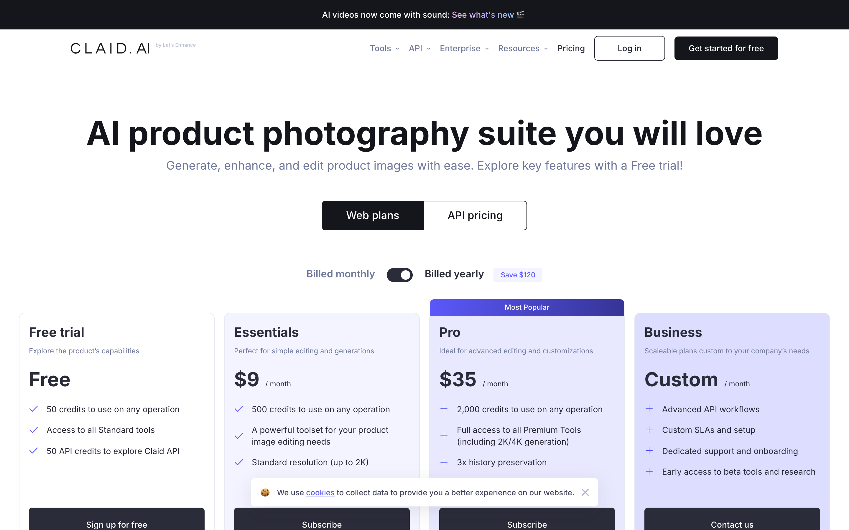 Claid.ai's pricing page showing four plan cards priced at Free, $9, $35 and Custom with the billing toggle set to Billed yearly