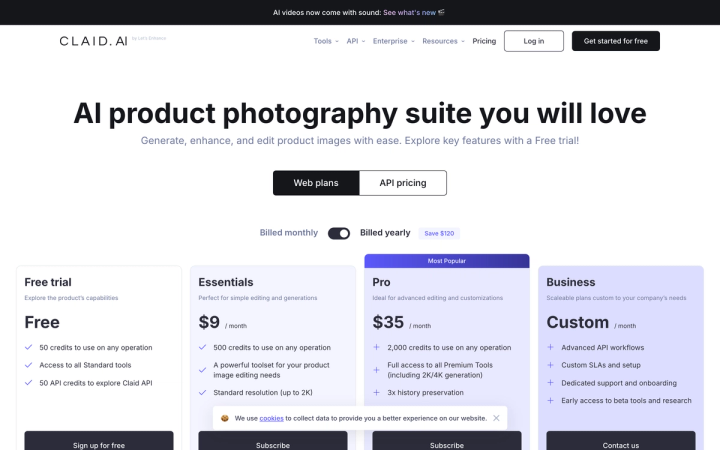 Claid's pricing page with the toggle set to Billed yearly, showing Essentials at $9 and Pro at $35 per month