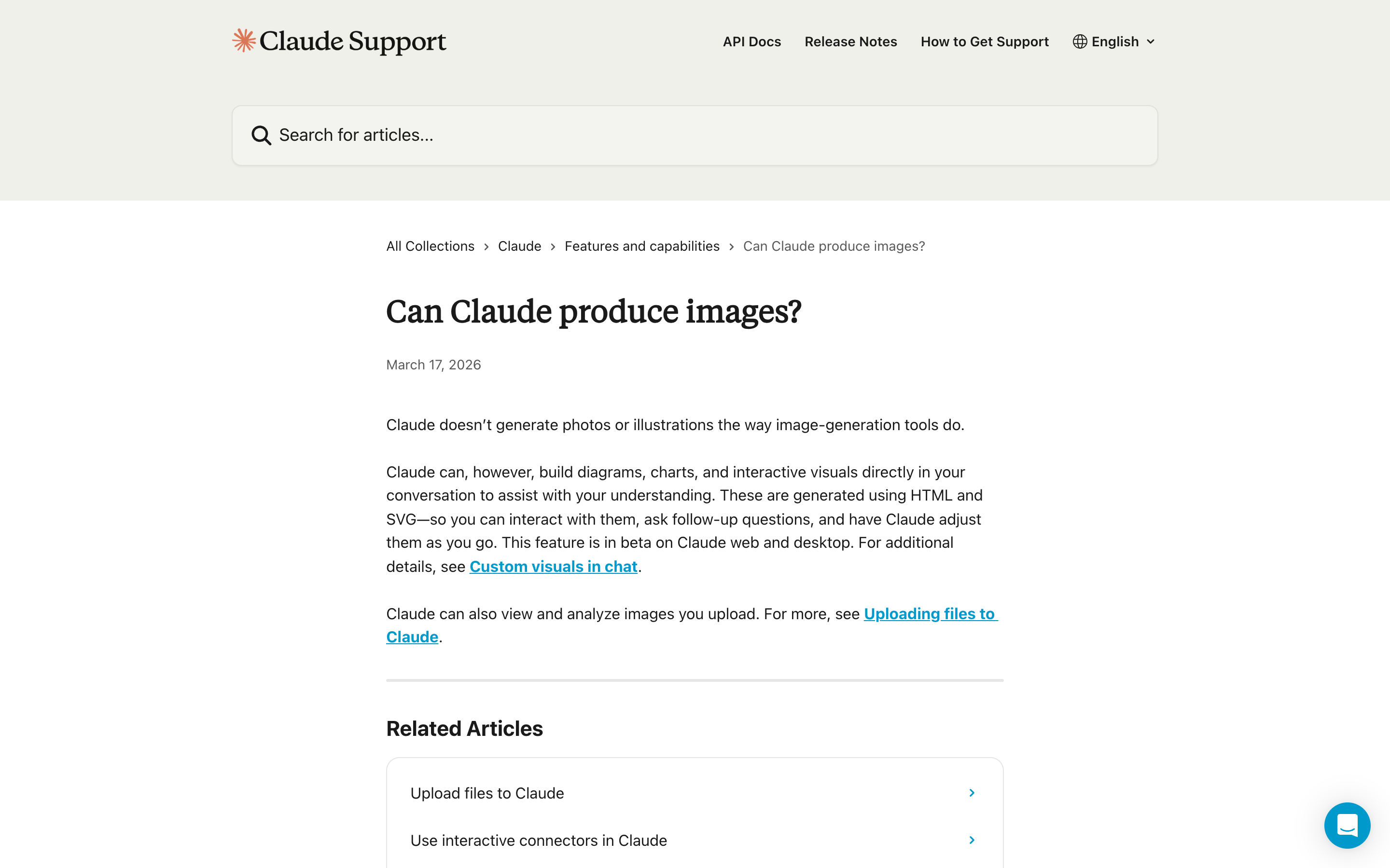 Anthropic's help centre article titled Can Claude produce images, stating that Claude doesn't generate photos or illustrations