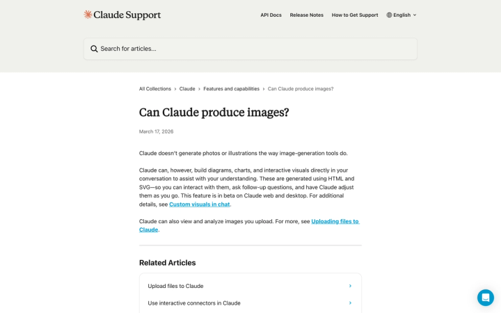 Anthropic's help centre article titled Can Claude produce images, stating that Claude doesn't generate photos or illustrations