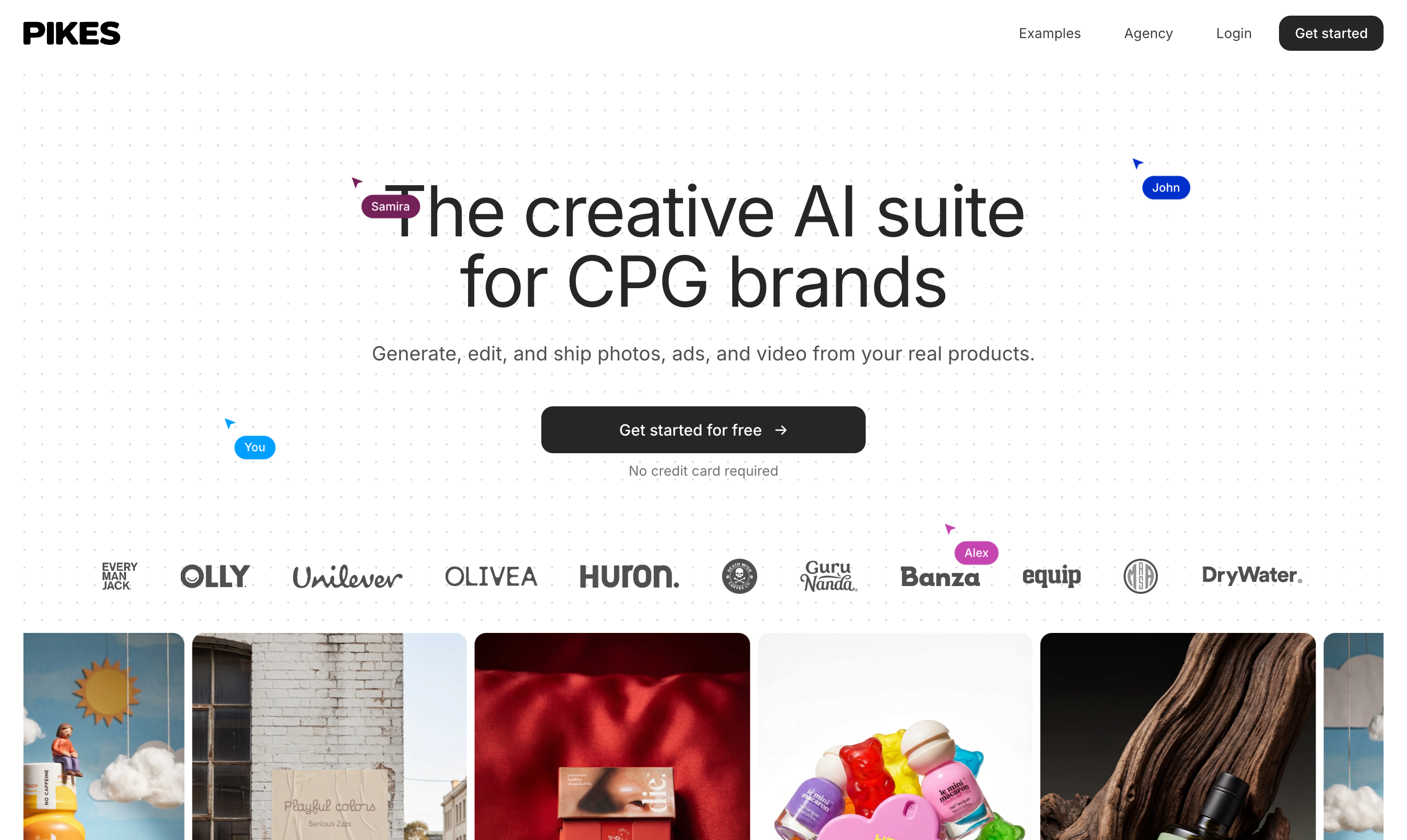 The Pikes AI homepage, showing generated product and lifestyle imagery for consumer brands.