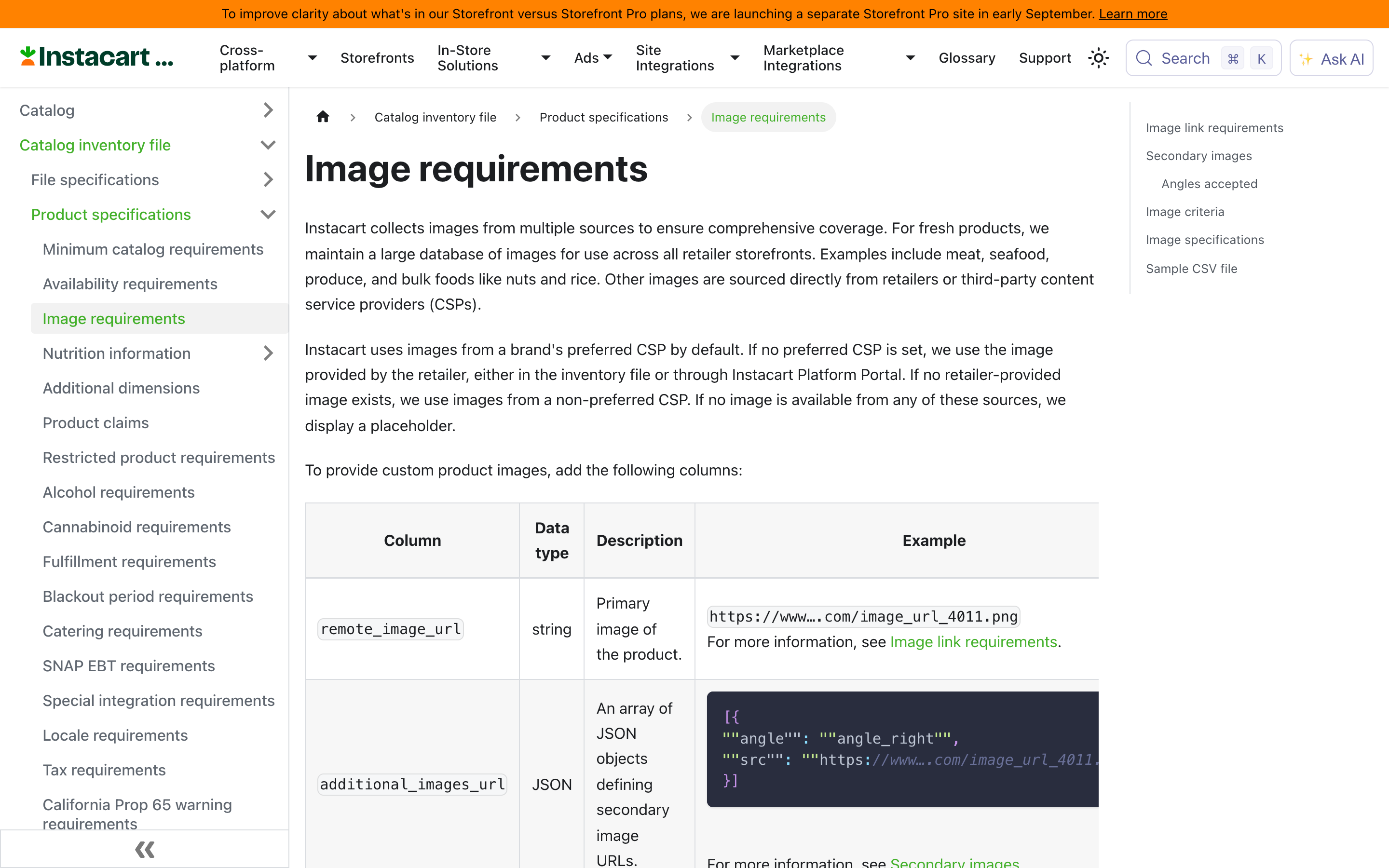 Instacart's Image requirements documentation page, showing the remote_image_url and additional_images_url column specifications