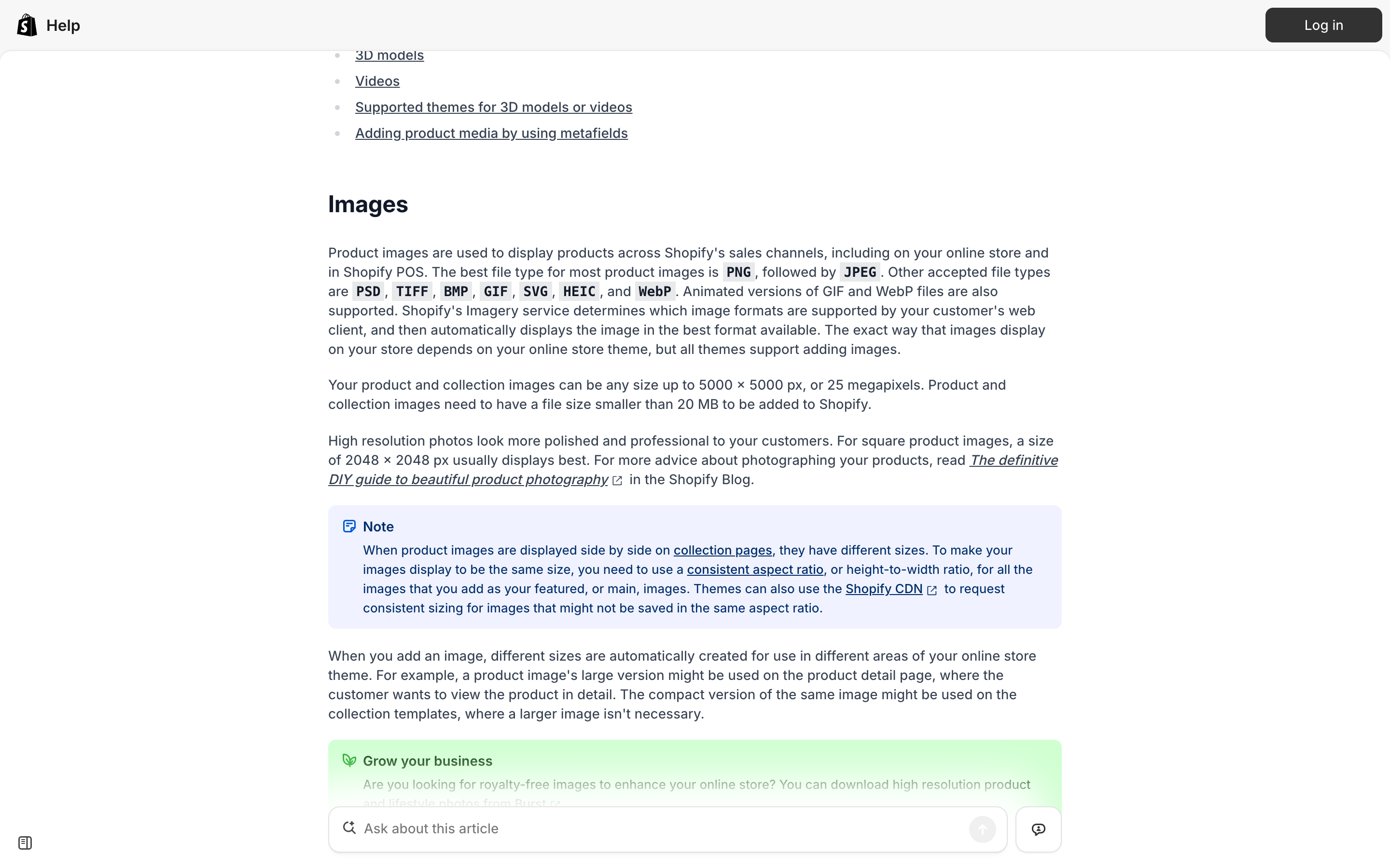 Shopify's product media types documentation showing the 2048 x 2048 px recommendation and the 5000 x 5000 px limit