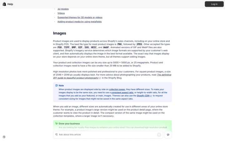 Shopify's product media types documentation showing the 2048 x 2048 px recommendation and the 5000 x 5000 px limit