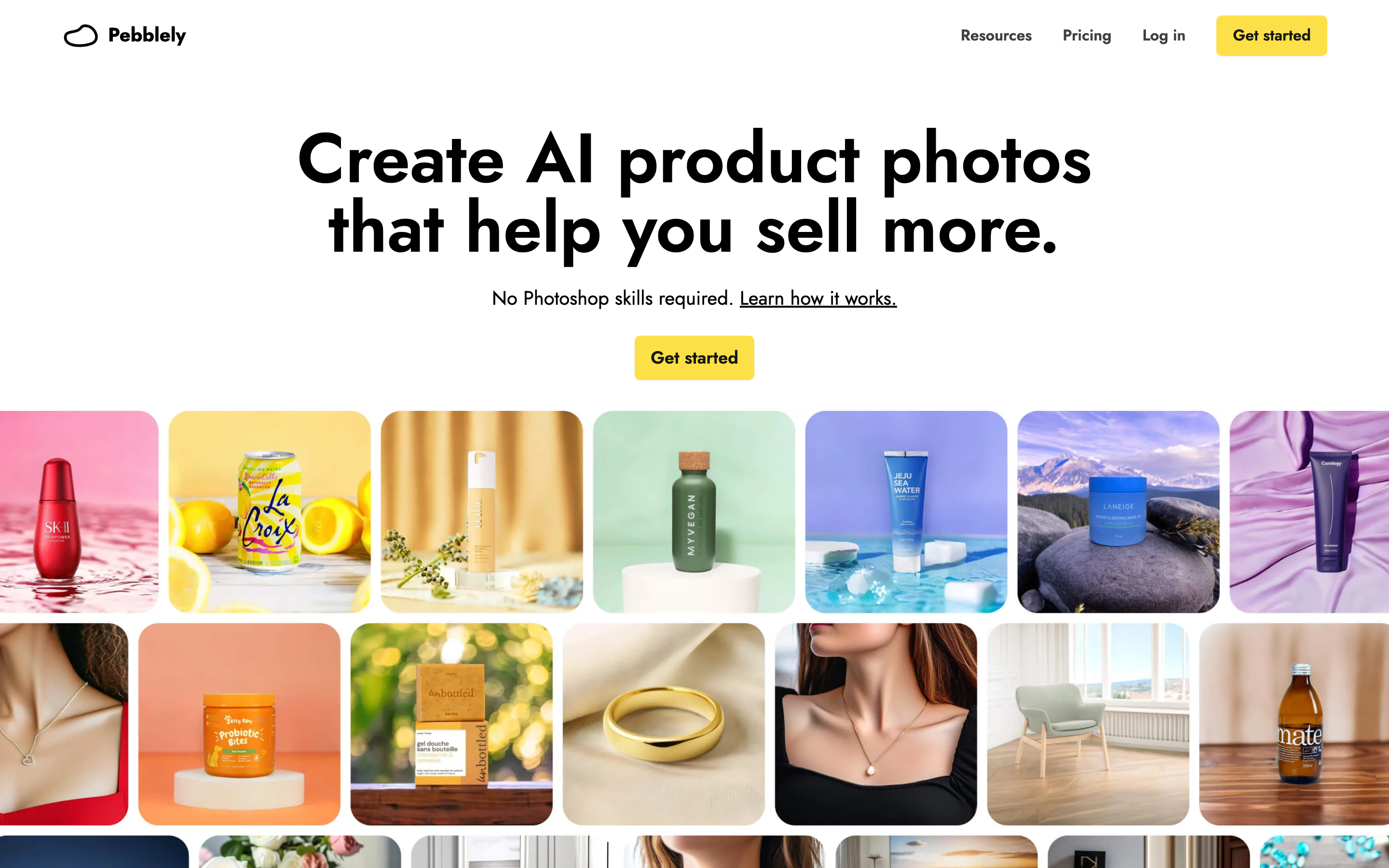 The Pebblely homepage showing a grid of AI-generated product photos on colored backgrounds