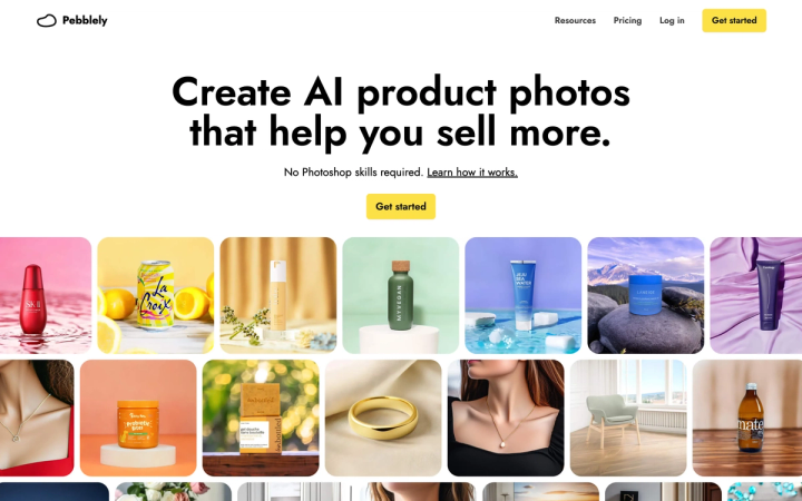 The Pebblely homepage showing a grid of AI-generated product photos on colored backgrounds
