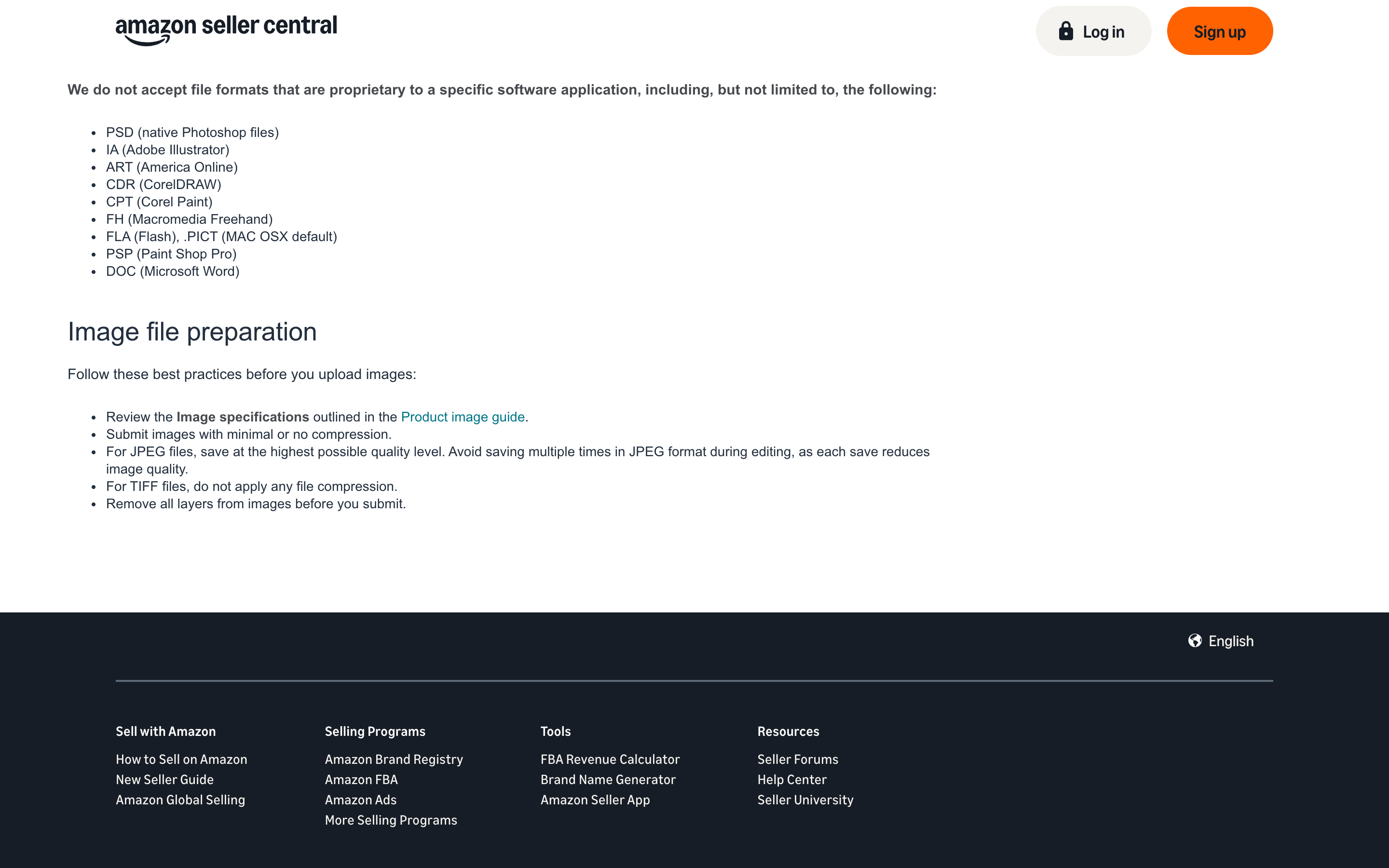 Amazon Seller Central's technical image file requirements page showing the image file preparation checklist, including guidance on compression and repeated JPEG saves