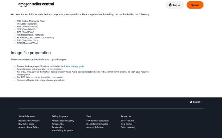 Amazon Seller Central's technical image file requirements page showing the image file preparation checklist, including guidance on compression and repeated JPEG saves