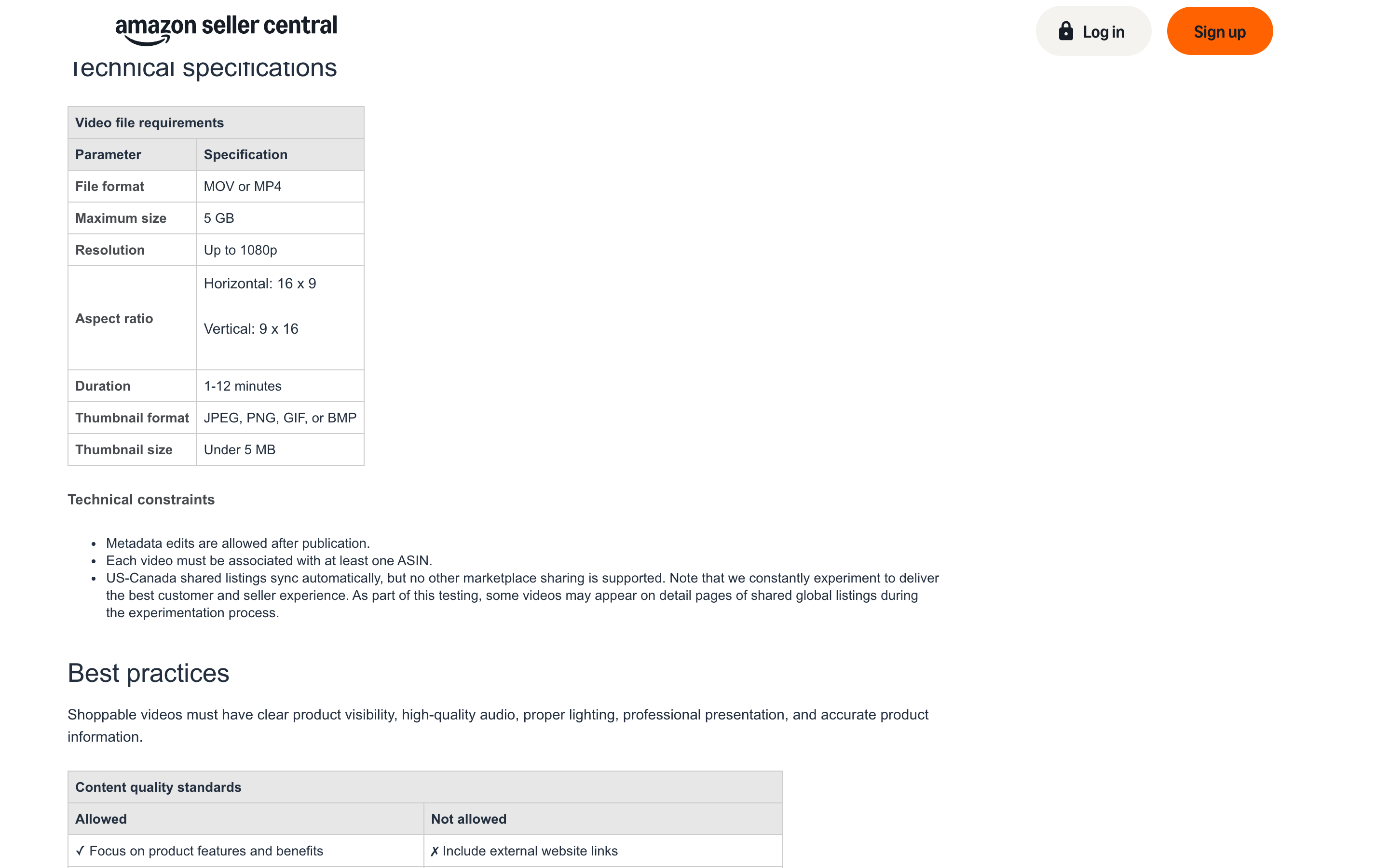 Amazon's technical specifications table for shoppable video, listing file format, 5 GB maximum, 1080p, aspect ratios and the 1–12 minute duration
