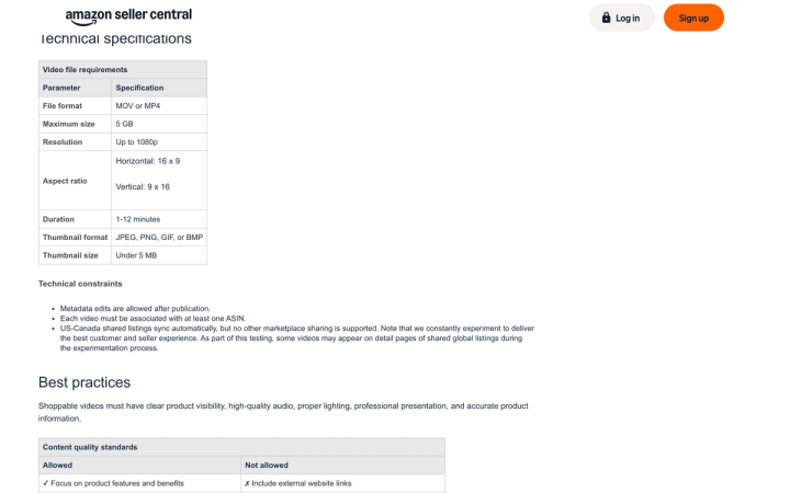 Amazon's technical specifications table for shoppable video, listing file format, 5 GB maximum, 1080p, aspect ratios and the 1–12 minute duration