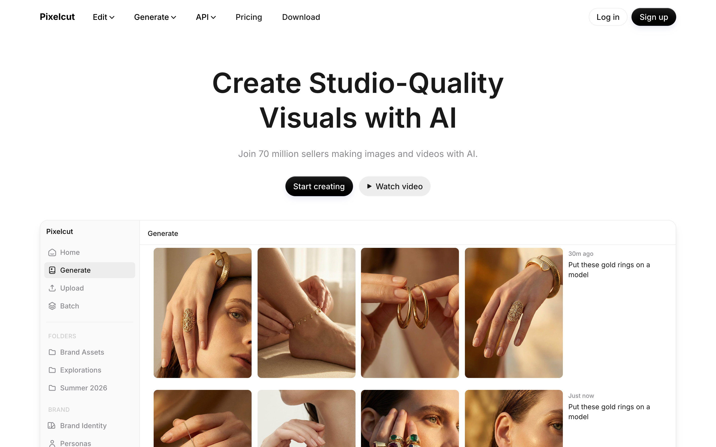 The Pixelcut homepage showing its AI image generation interface and a grid of generated jewelry photos