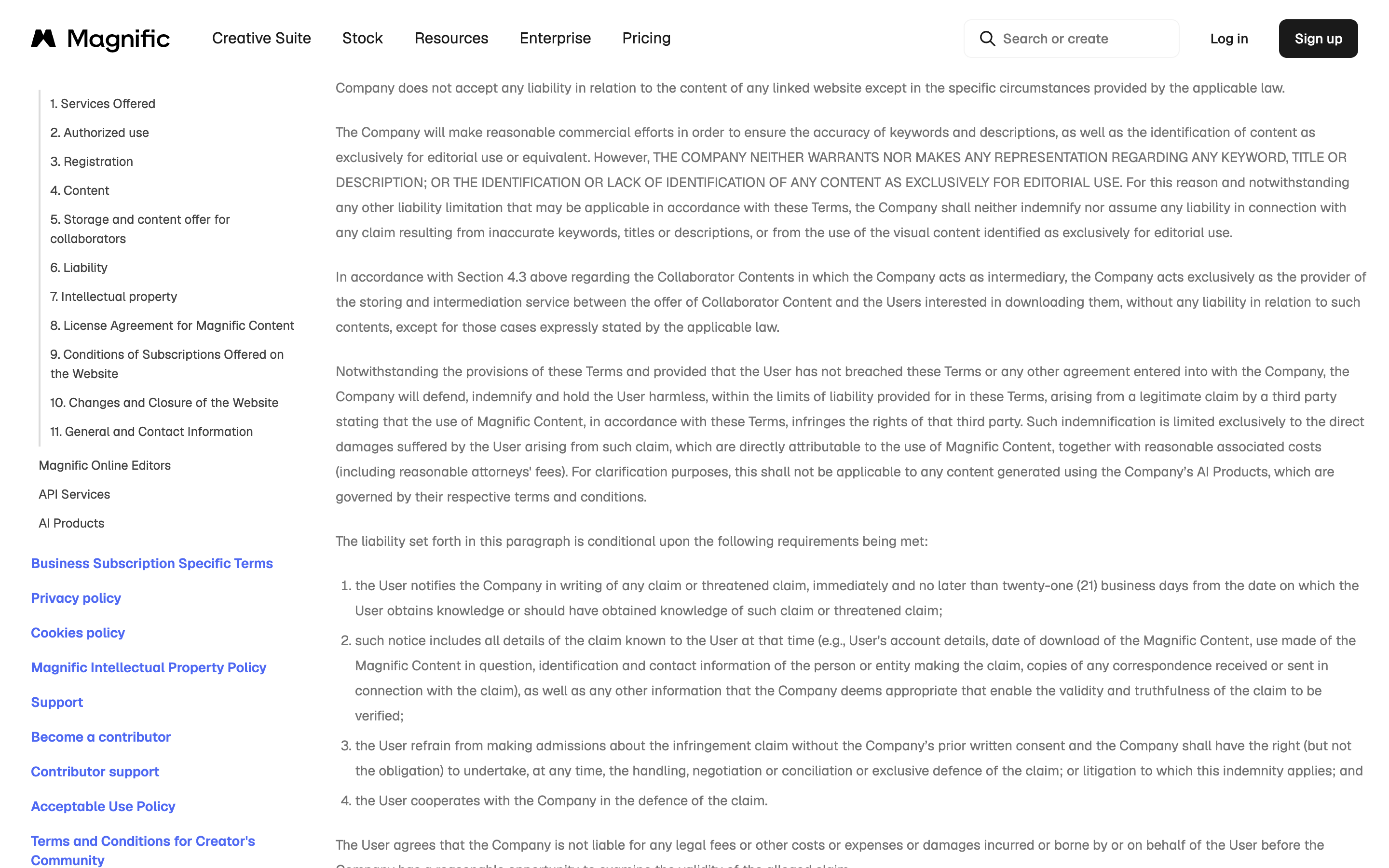 Magnific's terms of use showing the section 6.2 indemnity paragraph and the sentence excluding content generated with the company's AI products