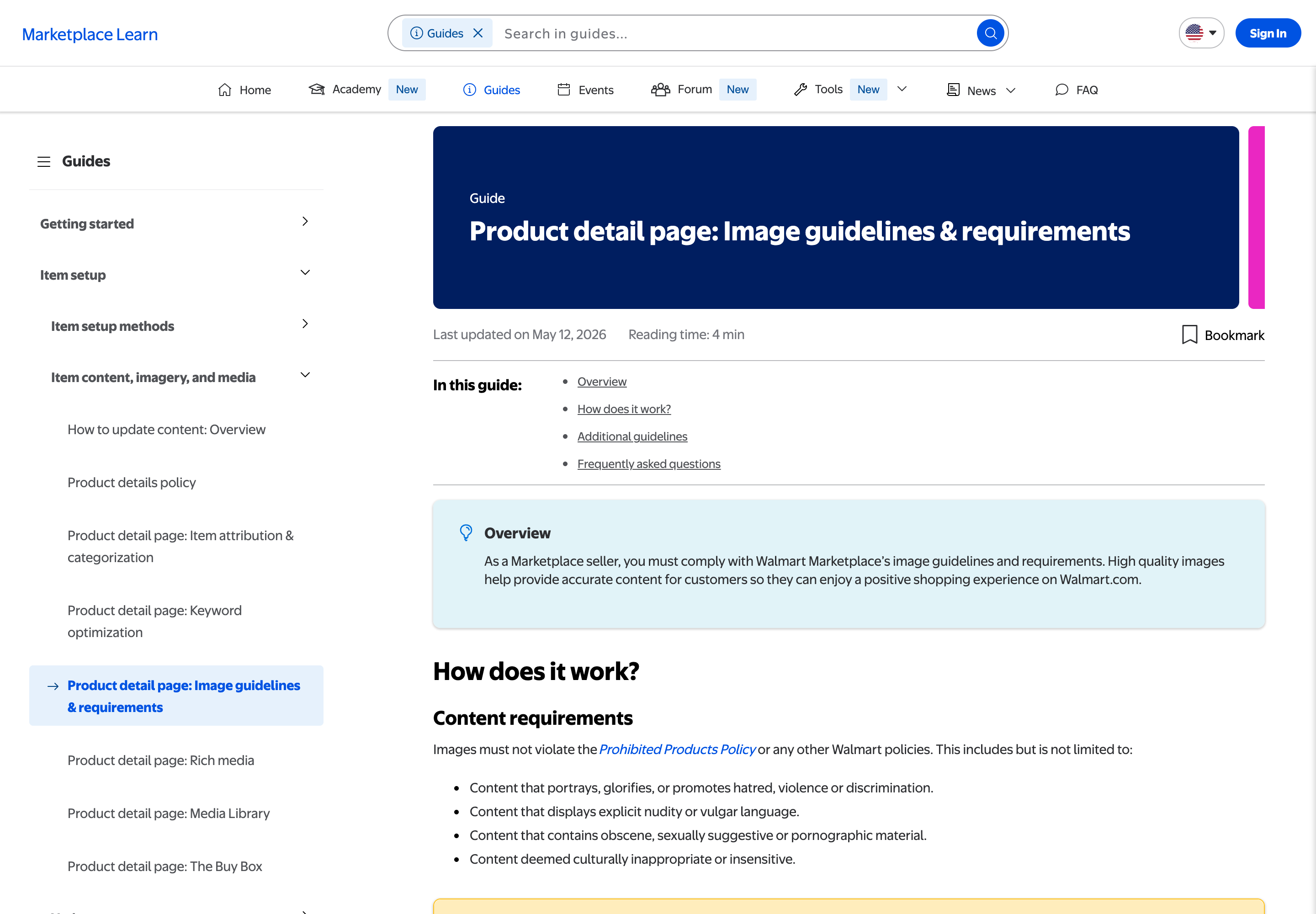 Walmart Marketplace Learn guide page titled Product detail page: Image guidelines and requirements