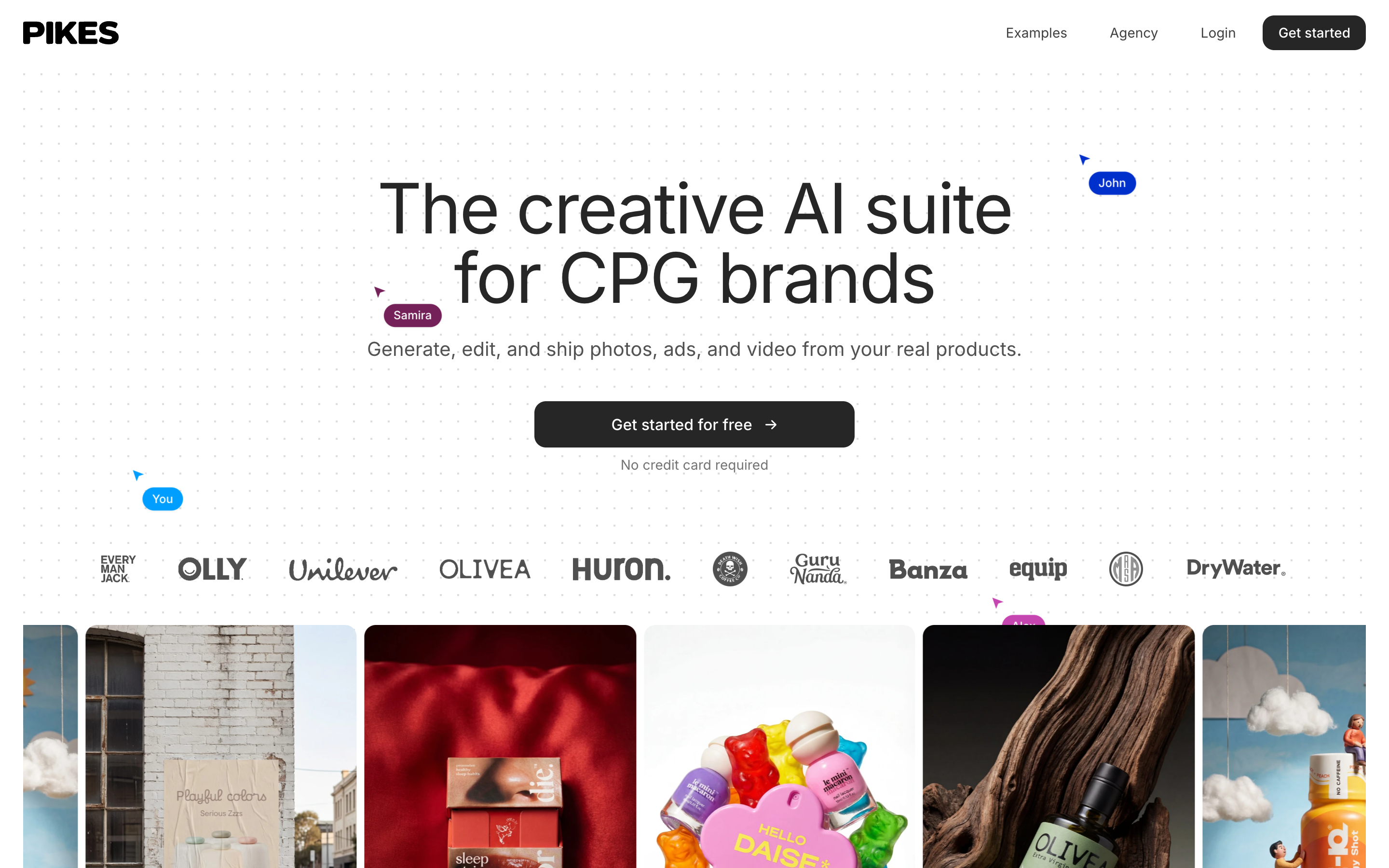 The Pikes AI homepage, showing product imagery generated for consumer brands