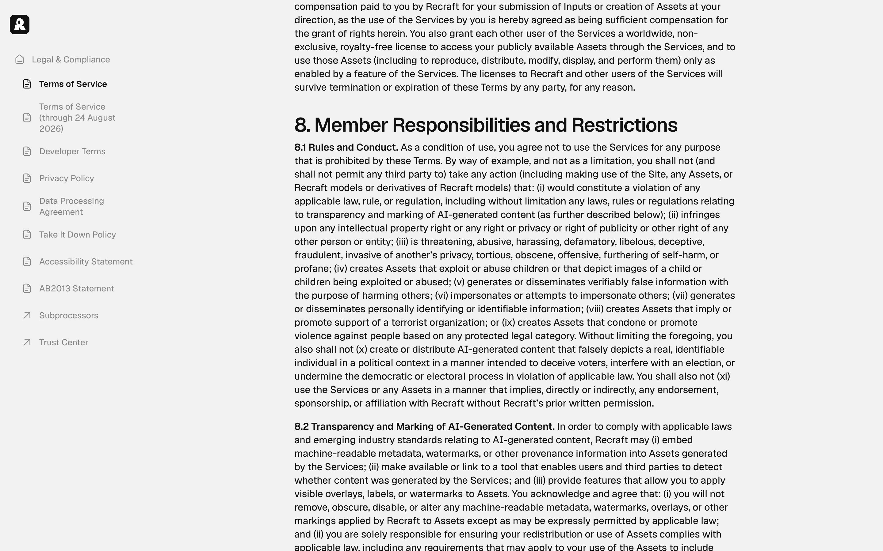 Recraft's Terms of Service section 8.2, Transparency and Marking of AI-Generated Content