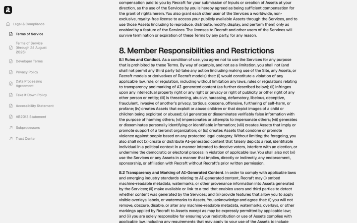 Recraft's Terms of Service section 8.2, Transparency and Marking of AI-Generated Content