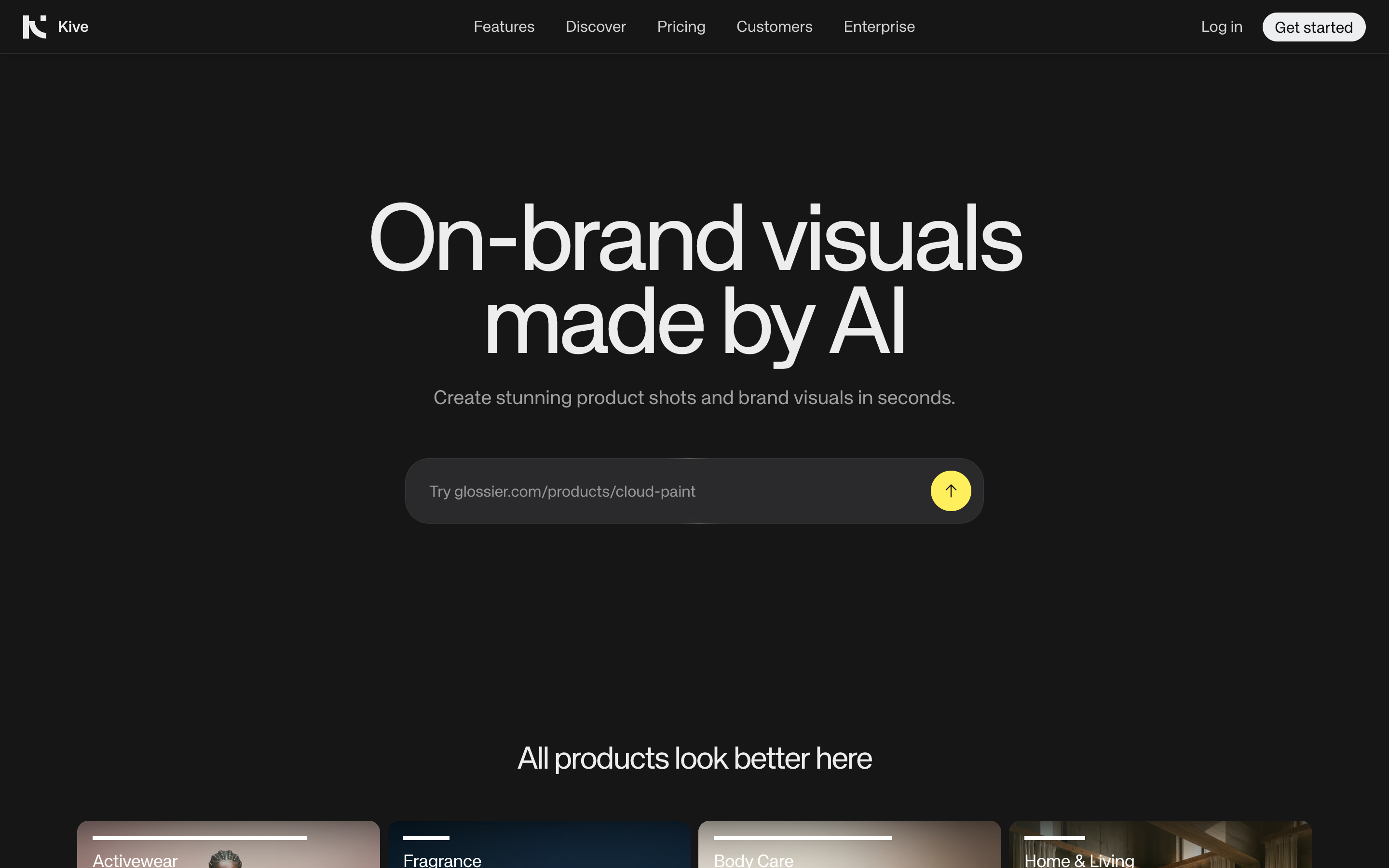 The Kive AI homepage, headlined "On-brand visuals made by AI"