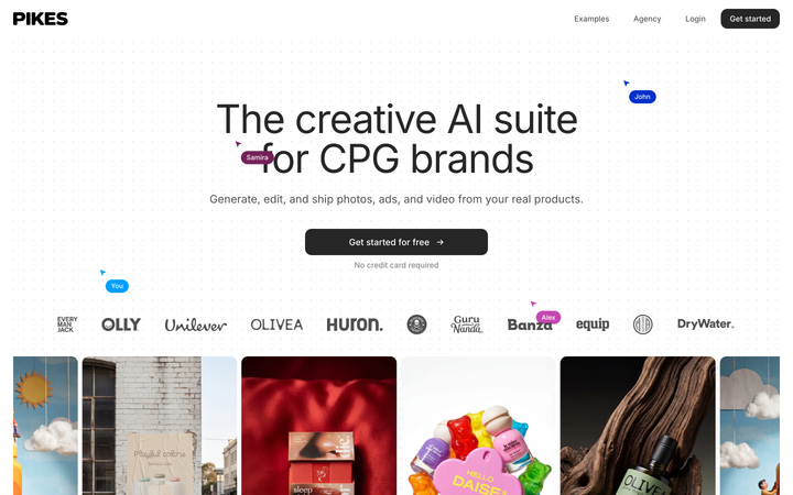 The Pikes AI homepage showing generated product photography and ad creative for consumer brands