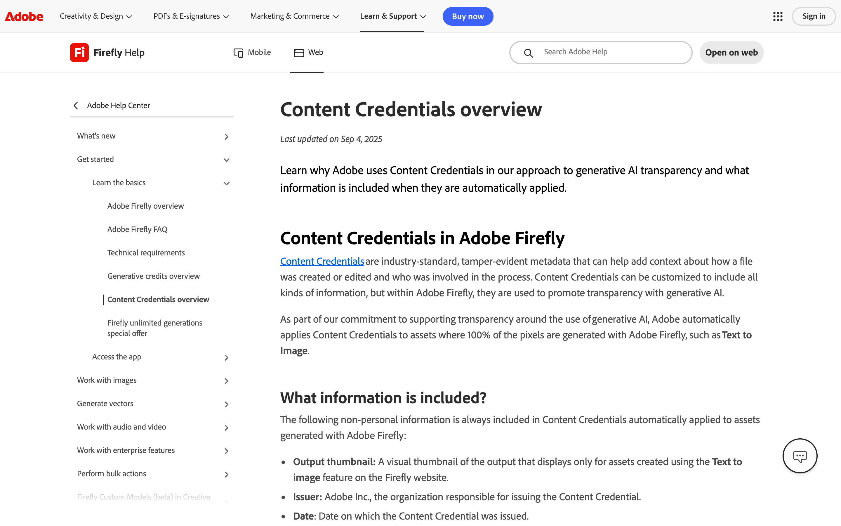 Adobe's Content Credentials overview page, stating that credentials are applied automatically when 100% of the pixels are generated with Firefly