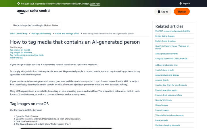 Amazon Seller Central help page titled How to tag media that contains an AI-generated person, showing the contains-synthetic-performer keyword requirement
