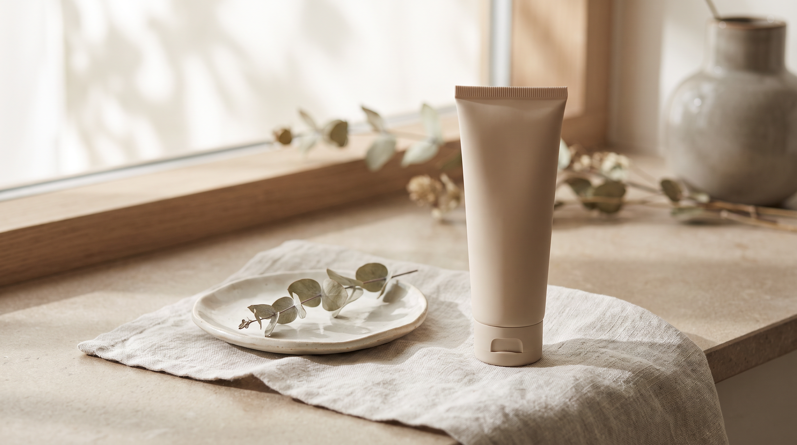 An unbranded cosmetic tube styled on linen beside a ceramic dish and dried eucalyptus