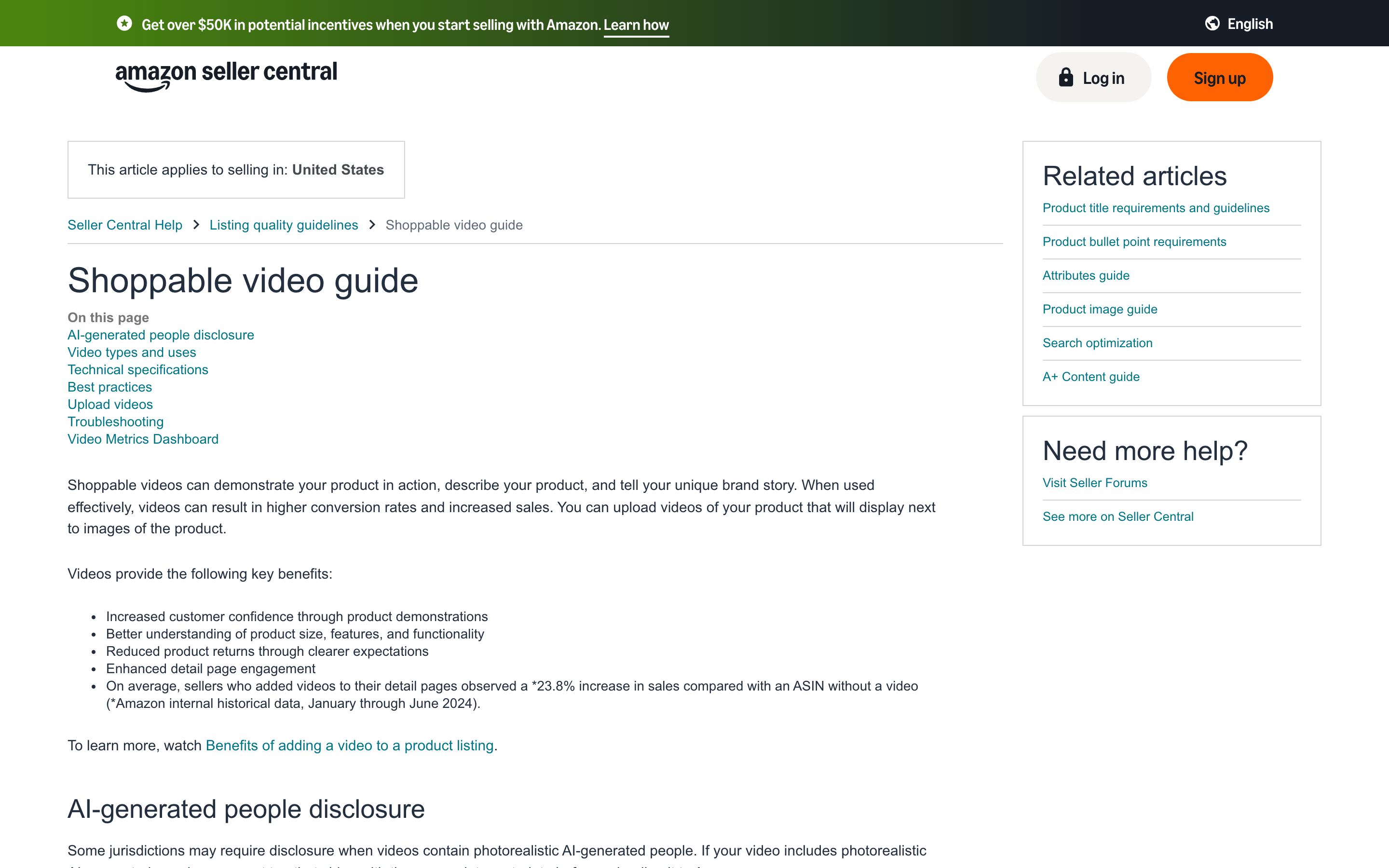 Amazon Seller Central's Shoppable video guide page listing its contents and the reported 23.8 percent sales increase