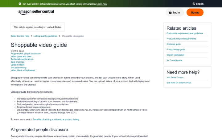 Amazon Seller Central's Shoppable video guide page listing its contents and the reported 23.8 percent sales increase
