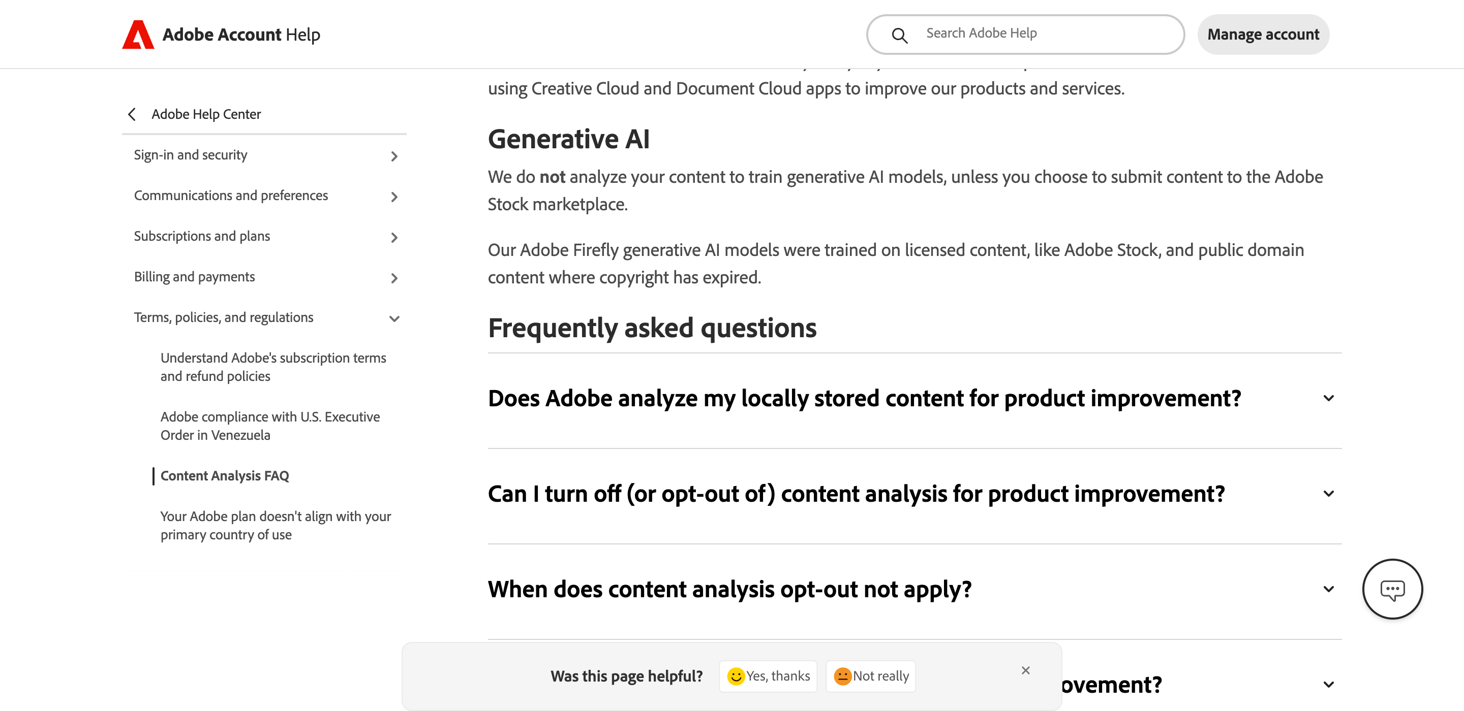 Adobe's Content Analysis FAQ stating that Adobe does not analyse customer content to train generative AI models.