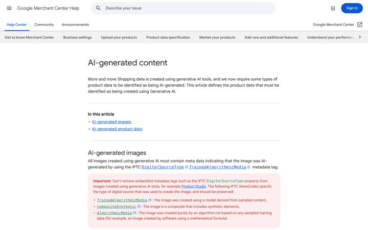 Google Merchant Center Help page titled AI-generated content, showing the IPTC metadata requirement and the three NewsCodes