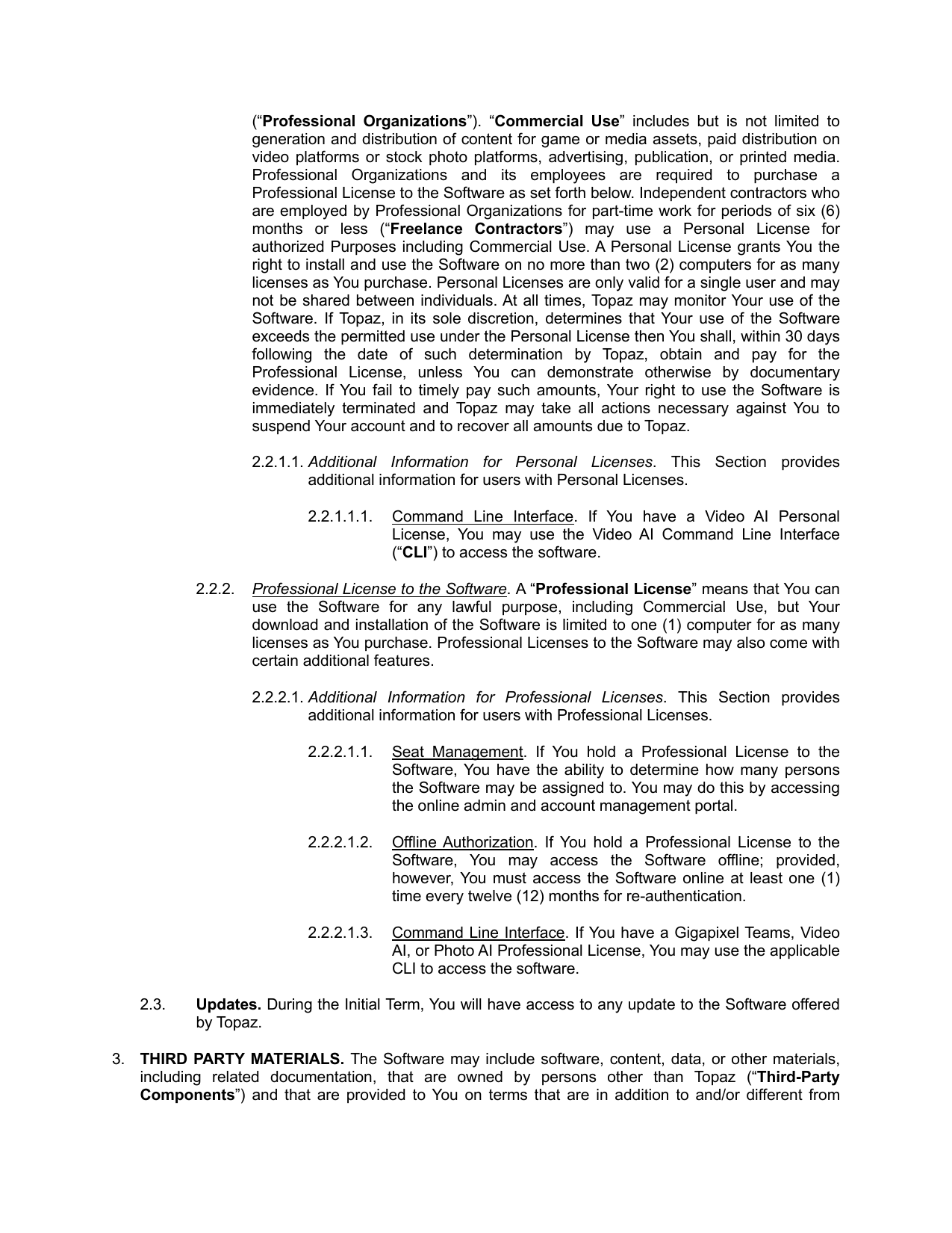 Section 2.2 of the Topaz Labs End User License Agreement, showing the definition of Commercial Use and the Professional Organizations revenue threshold