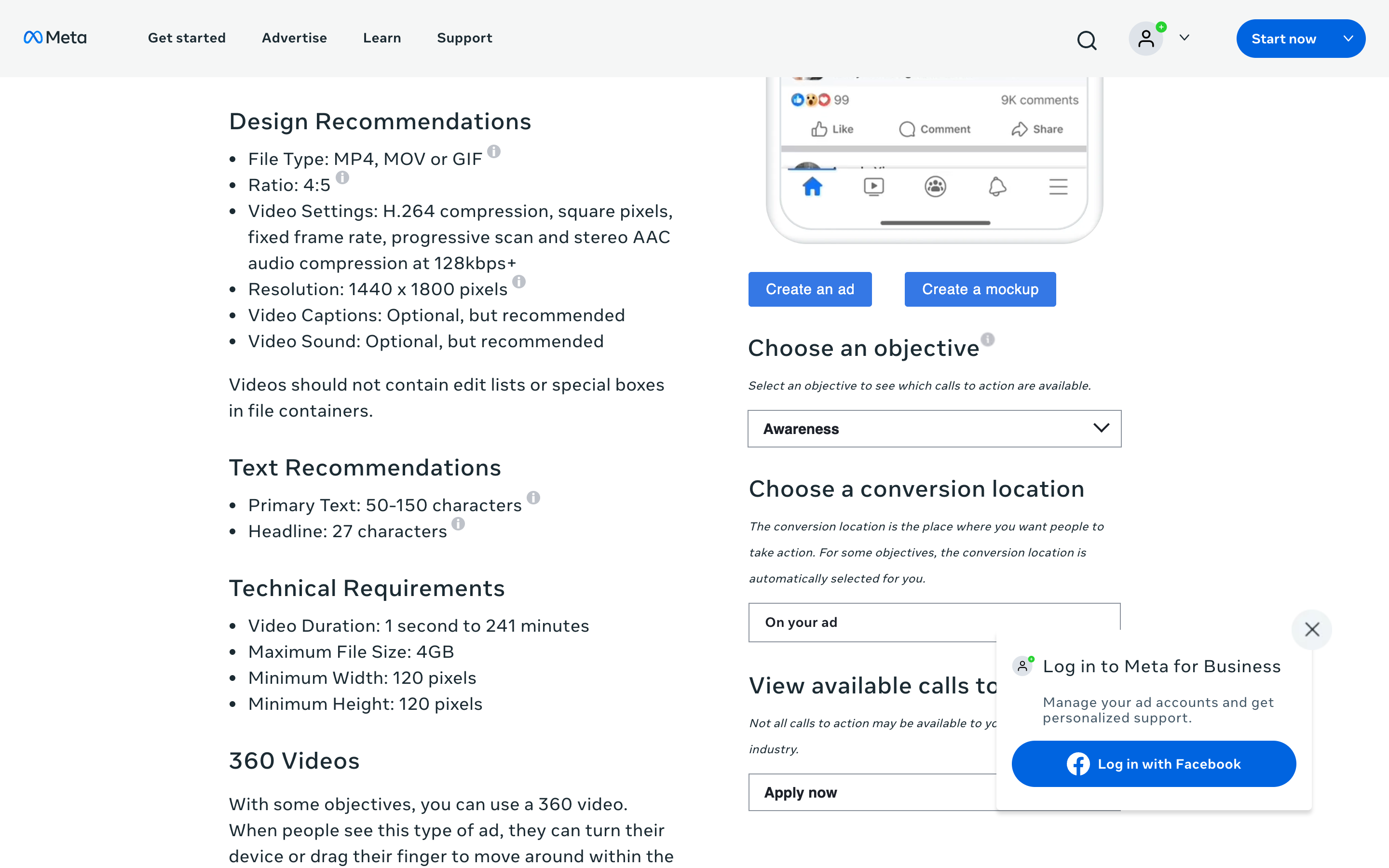Meta Ads Guide page showing Facebook Feed video design recommendations with a 4:5 ratio and 1440 by 1800 resolution