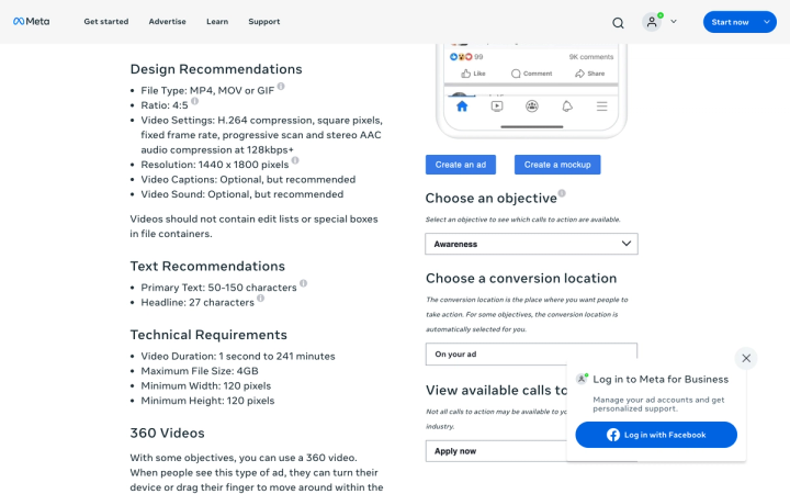 Meta Ads Guide page showing Facebook Feed video design recommendations with a 4:5 ratio and 1440 by 1800 resolution