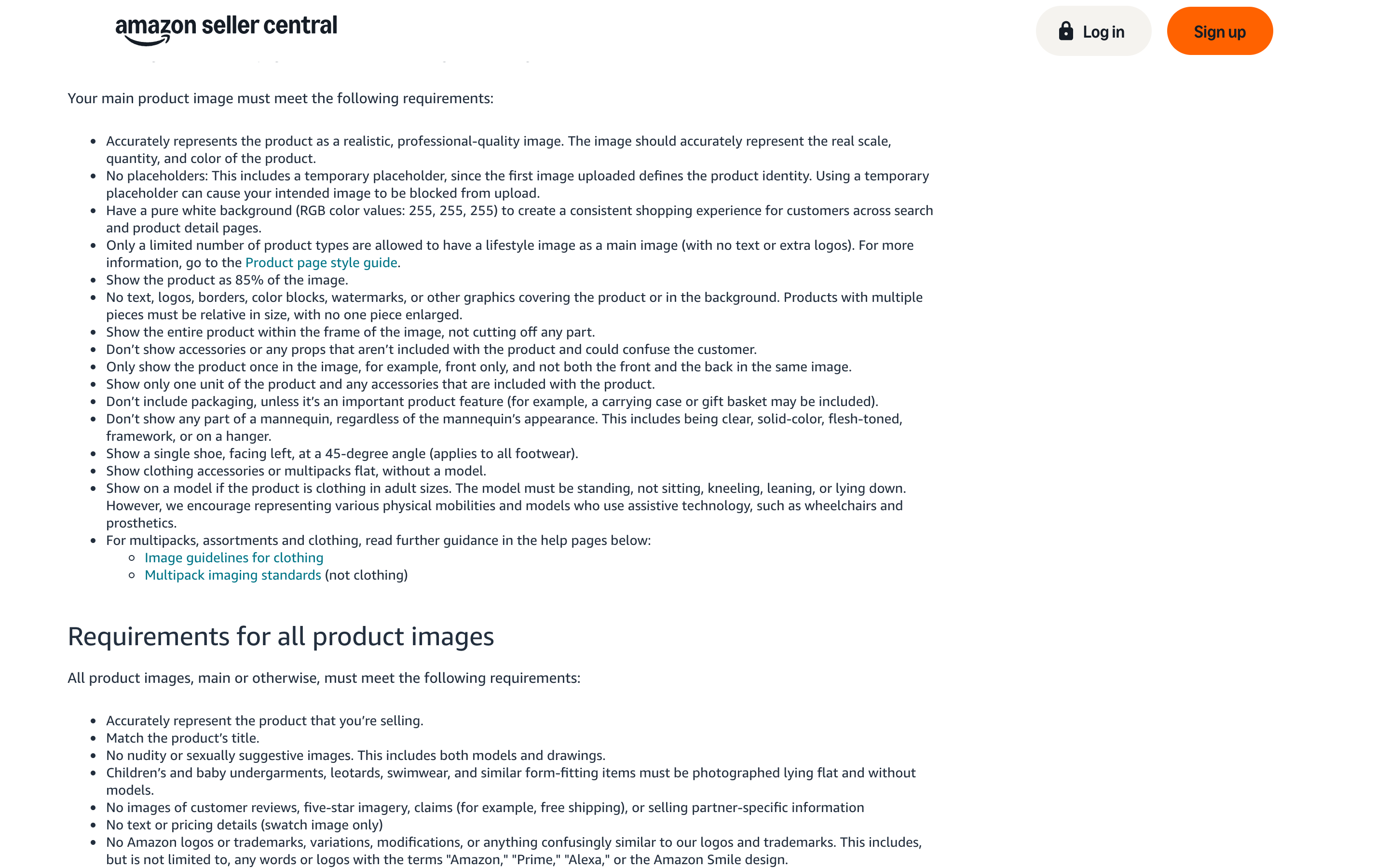 Amazon's main product image requirements, including a pure white background at RGB 255,255,255 and showing the product as 85% of the image