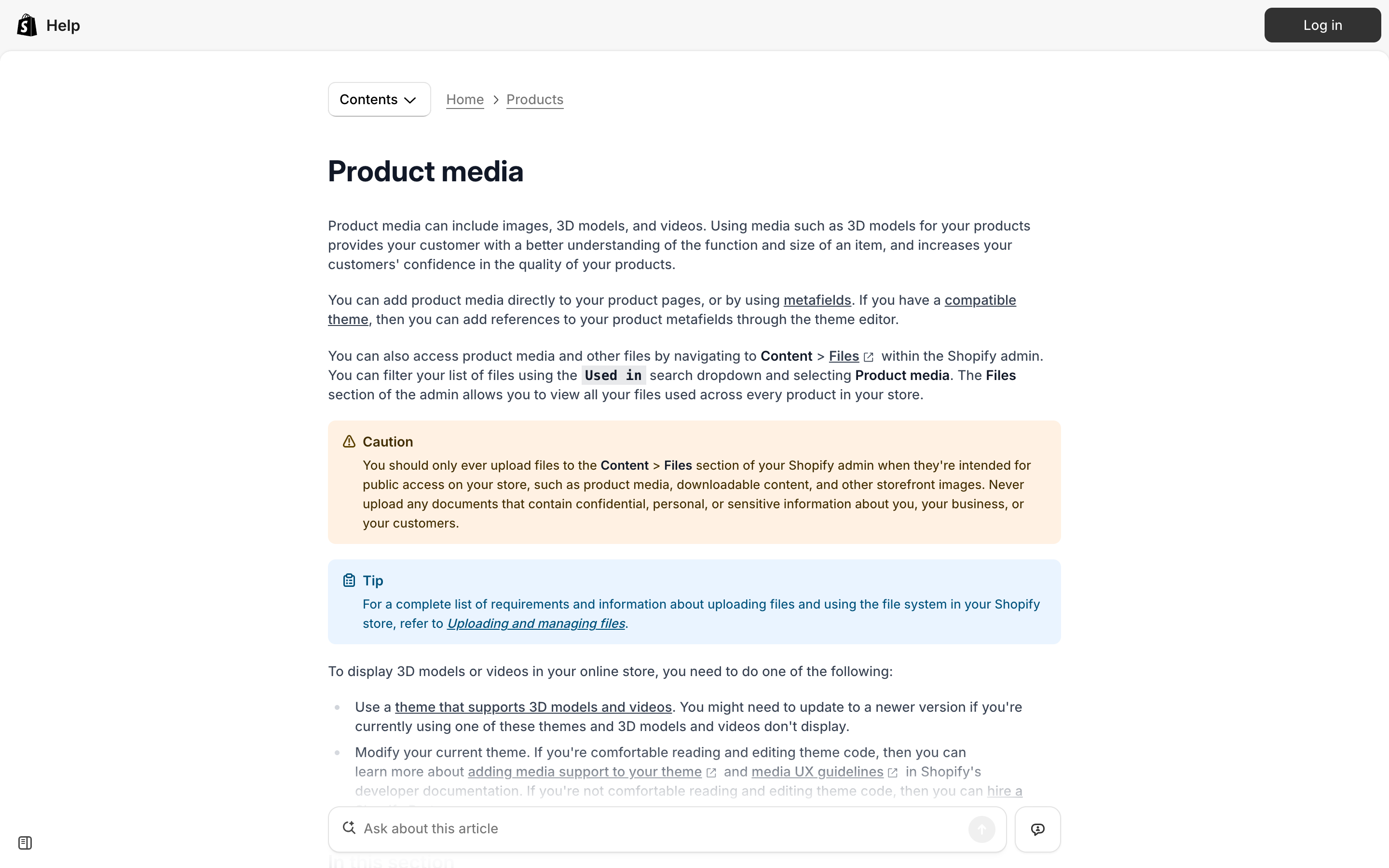Shopify Help Center Product media page explaining how images, 3D models and videos are managed across every product in a store