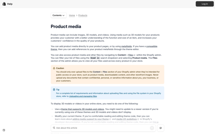 Shopify Help Center Product media page explaining how images, 3D models and videos are managed across every product in a store