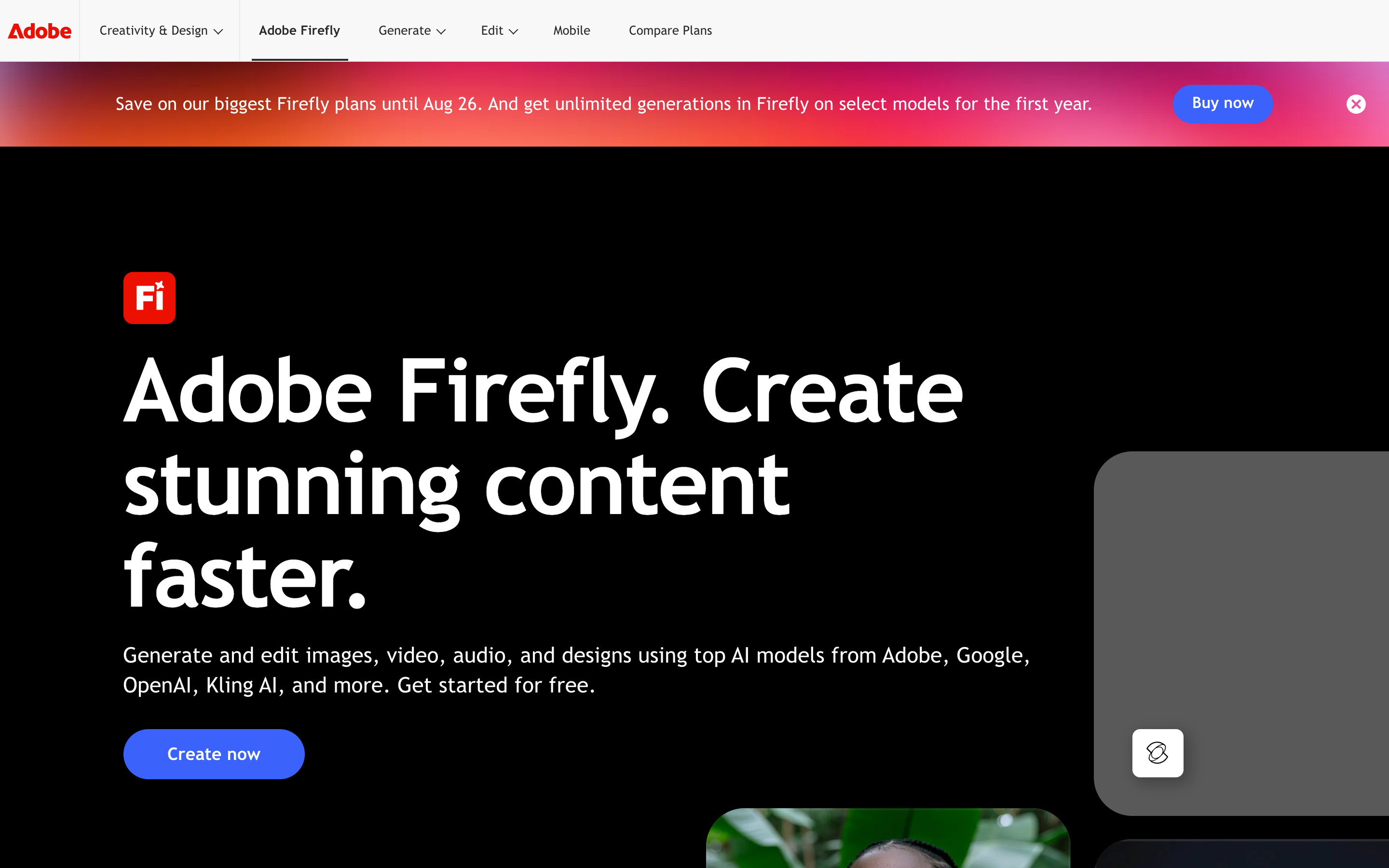 The Adobe Firefly product page, headlined Create stunning content faster, noting AI models from Adobe, Google, OpenAI and Kling AI