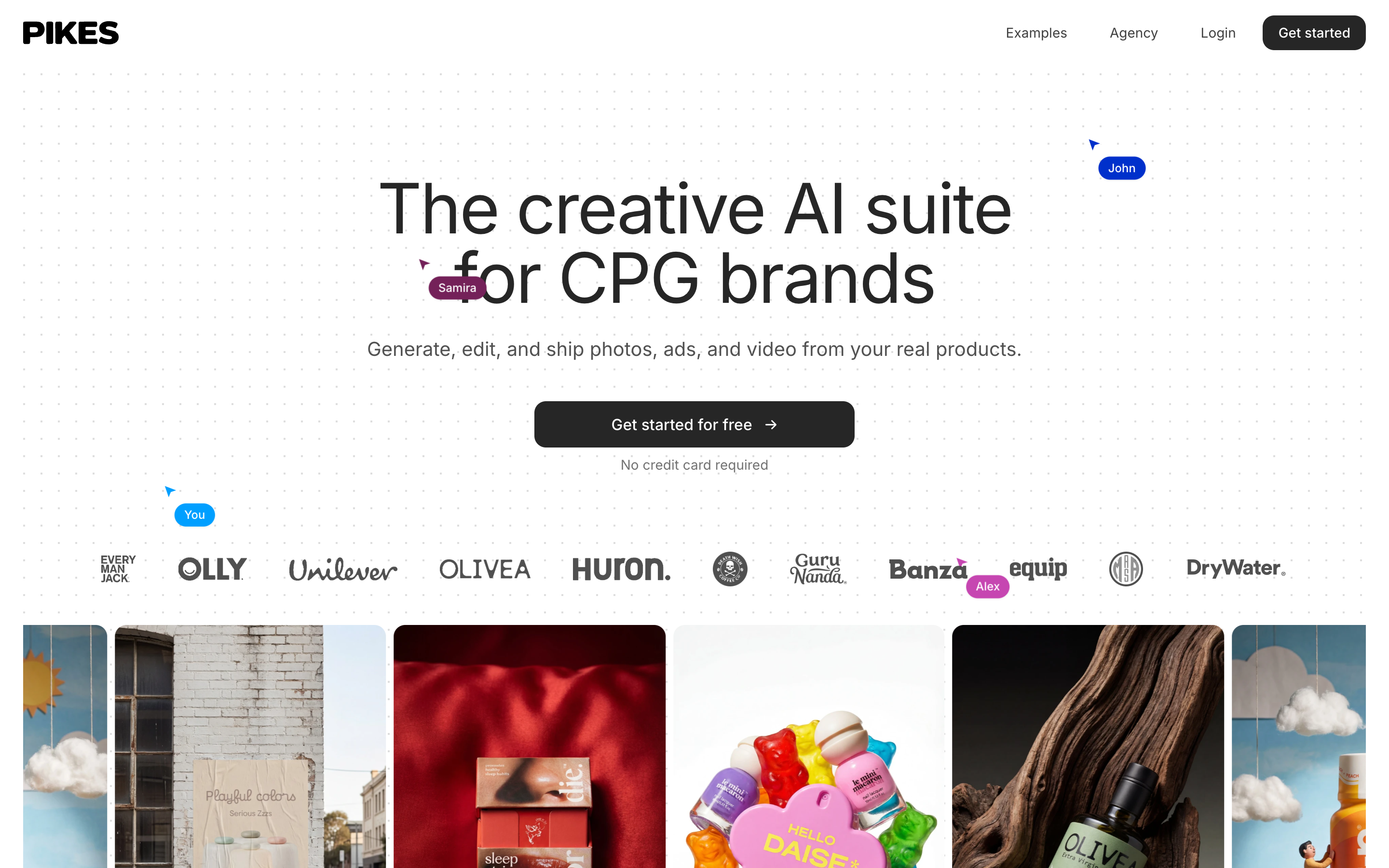 The Pikes AI homepage showing generated product scenes for consumer brands
