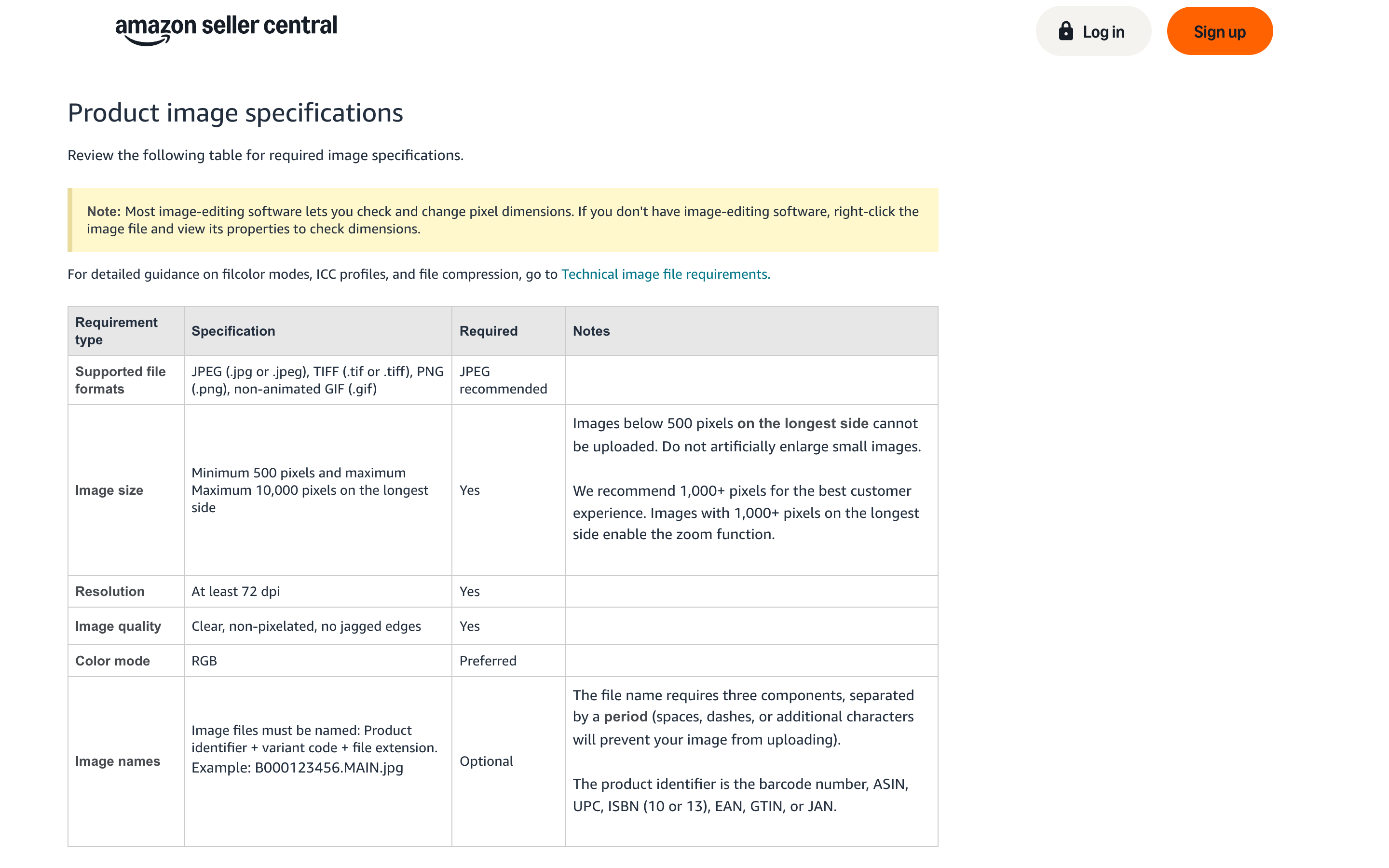 Amazon Seller Central's product image specifications table, including the instruction not to artificially enlarge small images