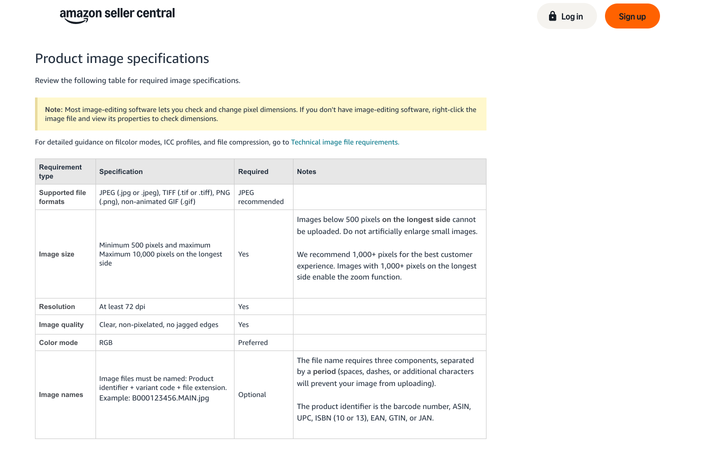 Amazon Seller Central's product image specifications table, including the instruction not to artificially enlarge small images