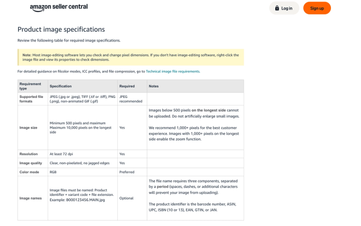 Amazon Seller Central's product image specifications table, including the instruction not to artificially enlarge small images