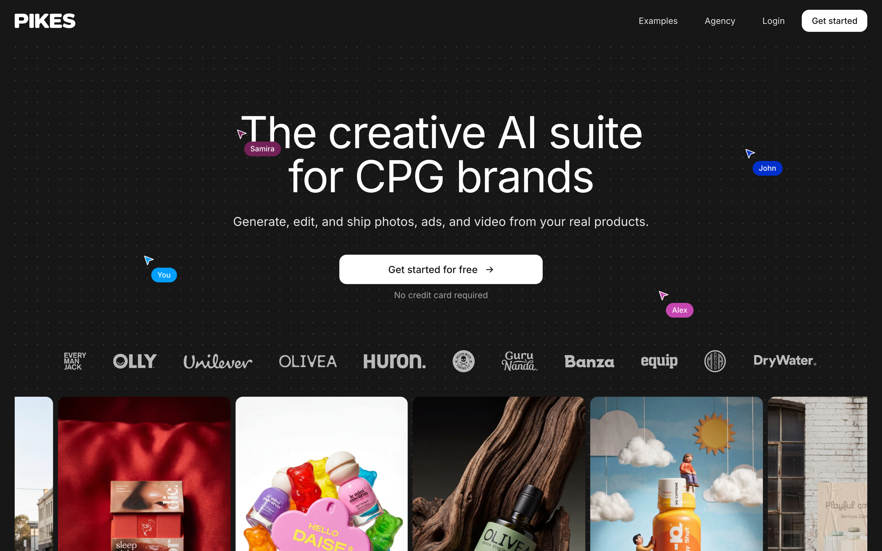 The Pikes AI homepage, headlined "The creative AI suite for CPG brands", showing product photo and ad examples