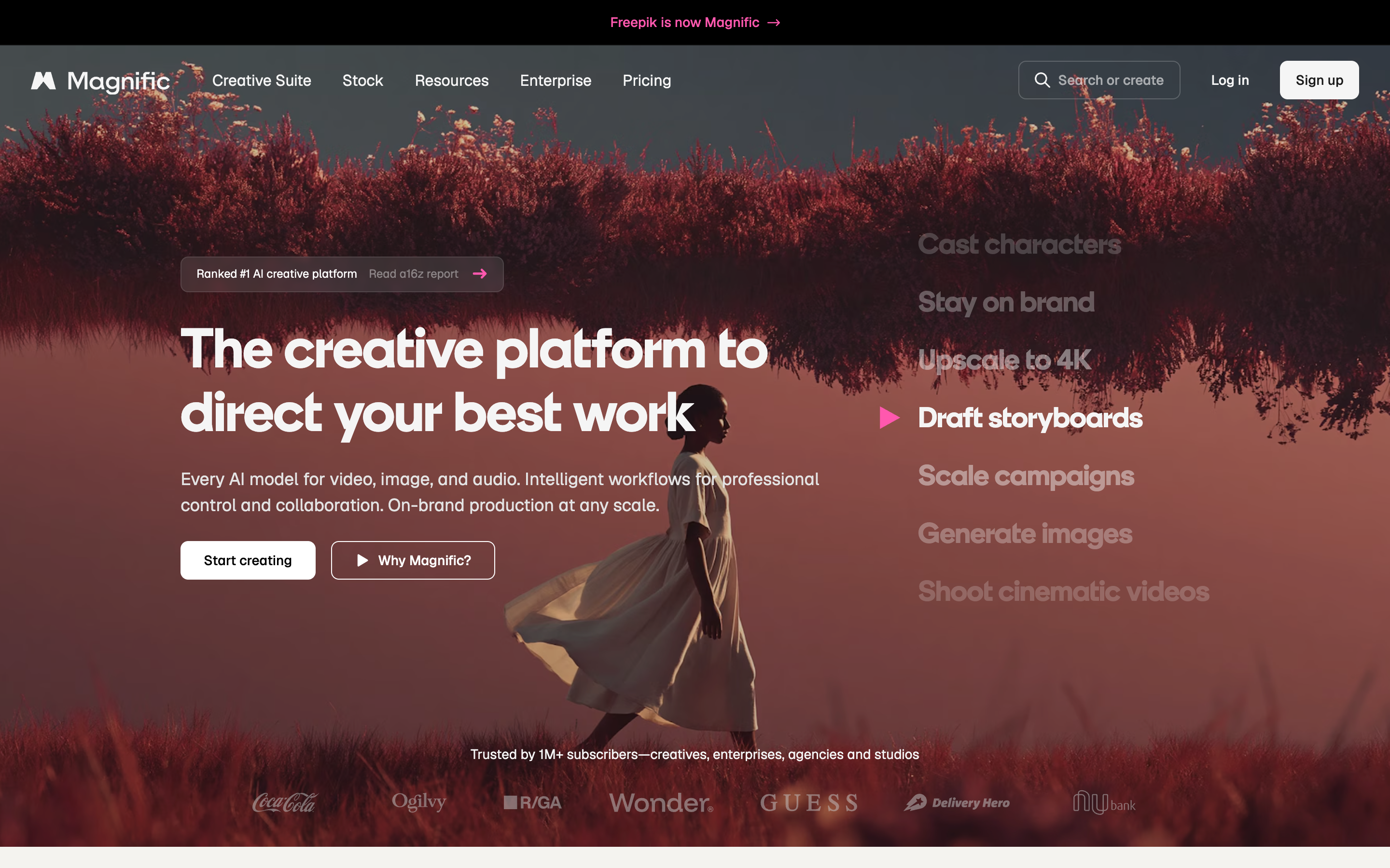 The Magnific homepage with a banner reading "Freepik is now Magnific"