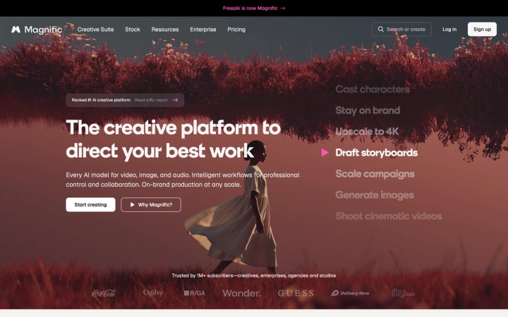 The Magnific homepage with a banner reading "Freepik is now Magnific"