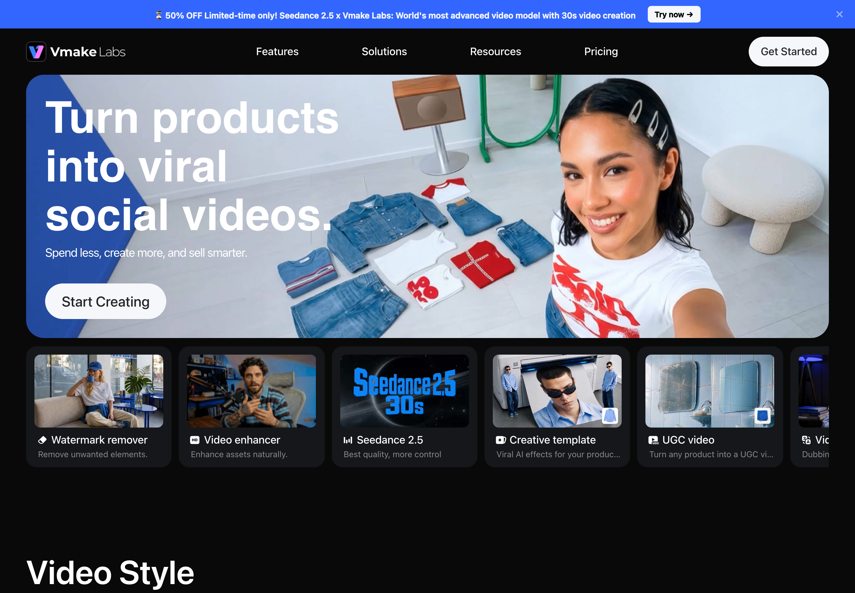 Vmake Labs homepage with the headline Turn products into viral social videos above a row of tool cards