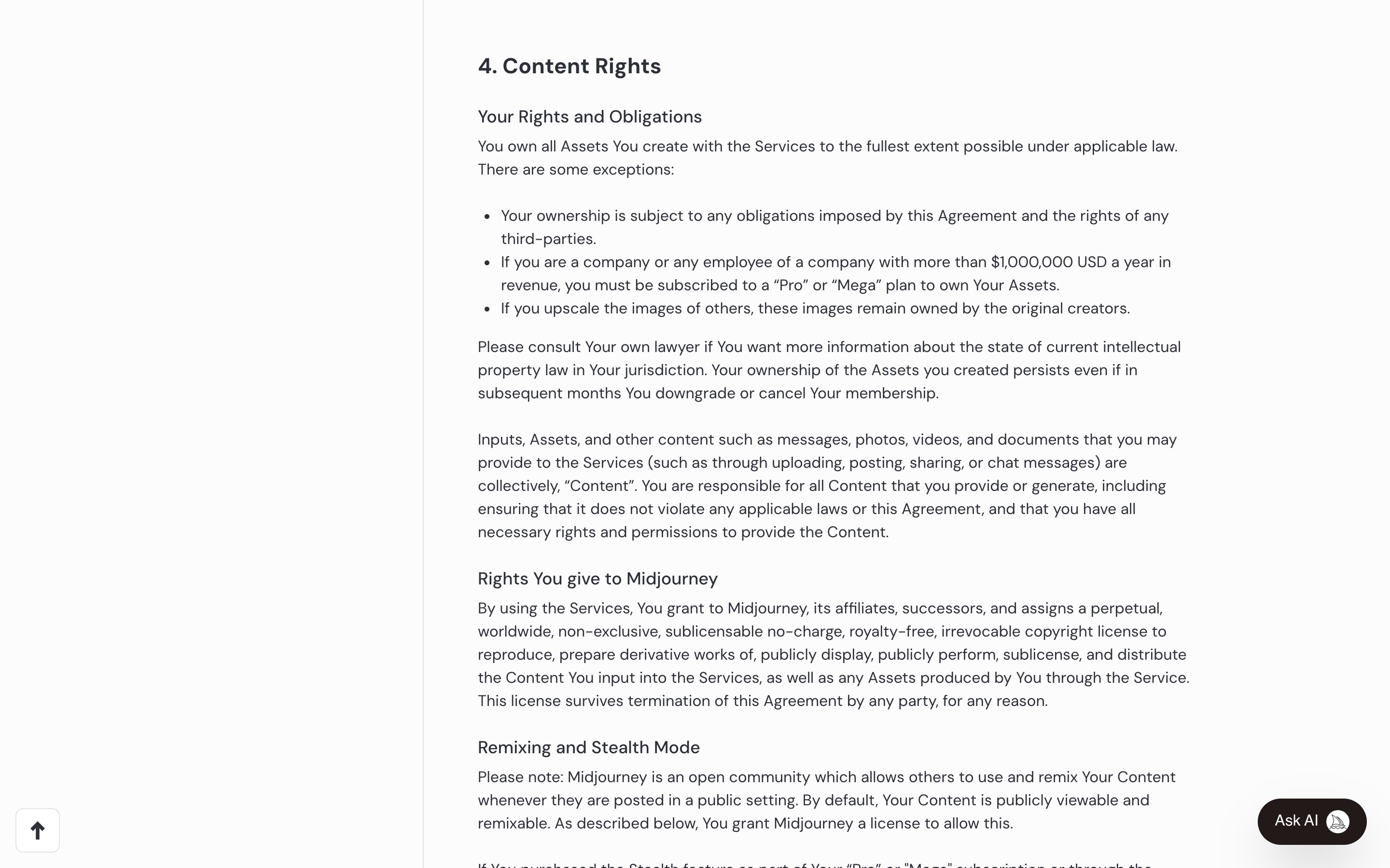Midjourney's Terms of Service open at section 4, Content Rights, showing the clause requiring companies over one million dollars in revenue to subscribe to a Pro or Mega plan to own their assets