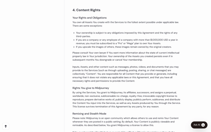 Midjourney's Terms of Service open at section 4, Content Rights, showing the clause requiring companies over one million dollars in revenue to subscribe to a Pro or Mega plan to own their assets