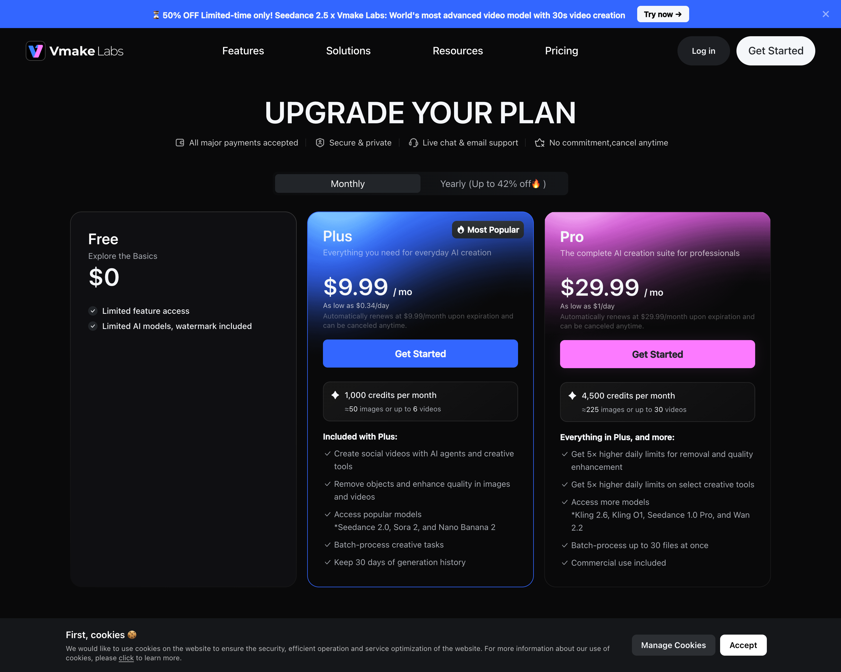 Vmake Labs pricing page showing Free, Plus at $9.99 per month billed monthly and Pro at $29.99 per month billed monthly, with the Monthly tab selected