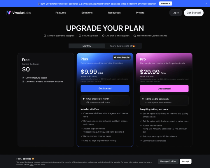 Vmake Labs pricing page showing Free, Plus at $9.99 per month billed monthly and Pro at $29.99 per month billed monthly, with the Monthly tab selected