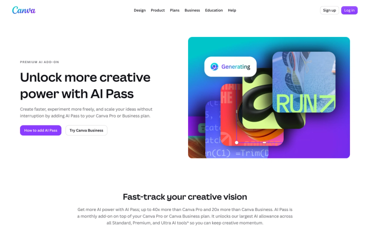 Canva's AI Pass page describing a premium AI add-on for Canva Pro and Business plans