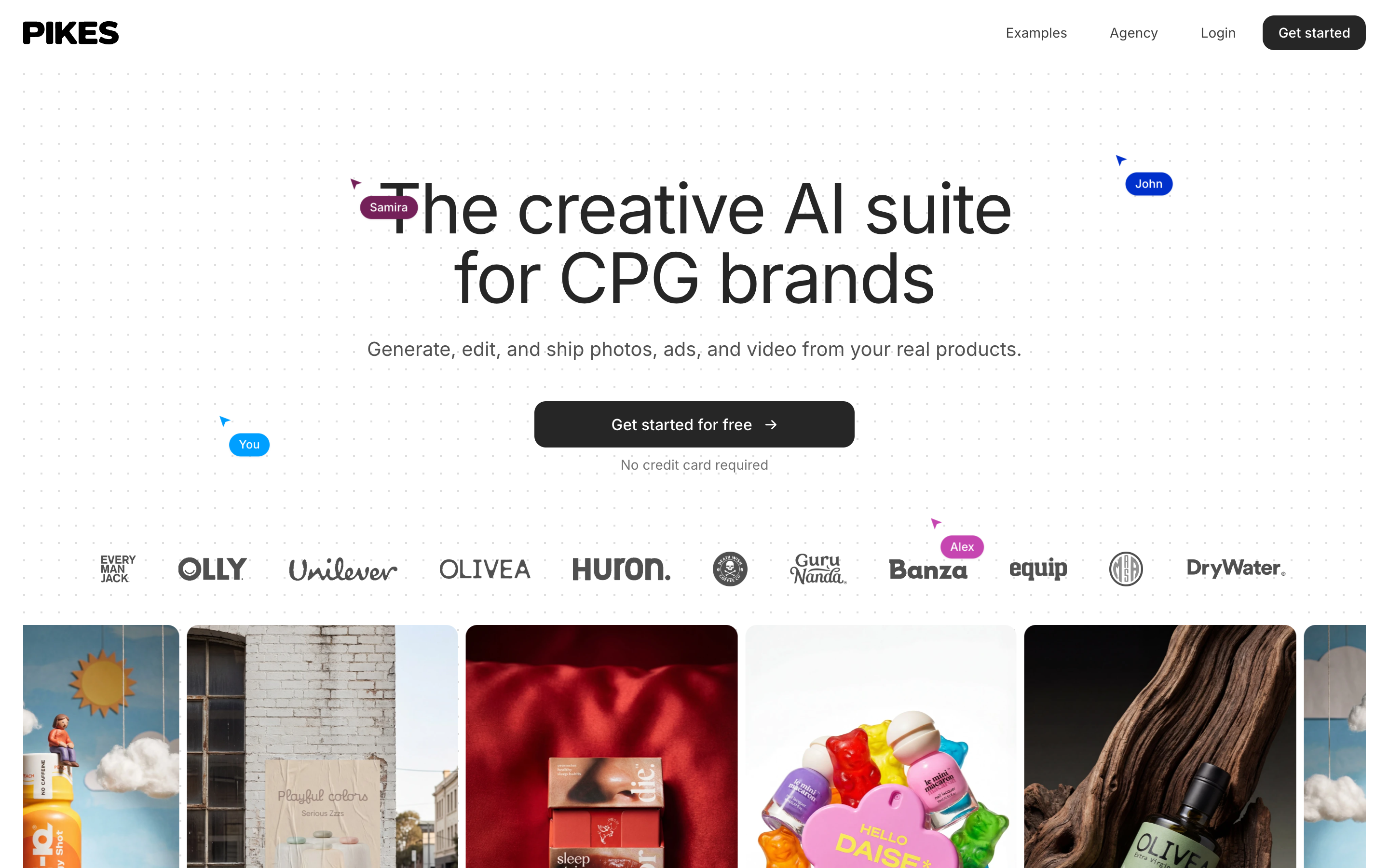 The Pikes AI homepage showing the tagline "The creative AI suite for CPG brands"